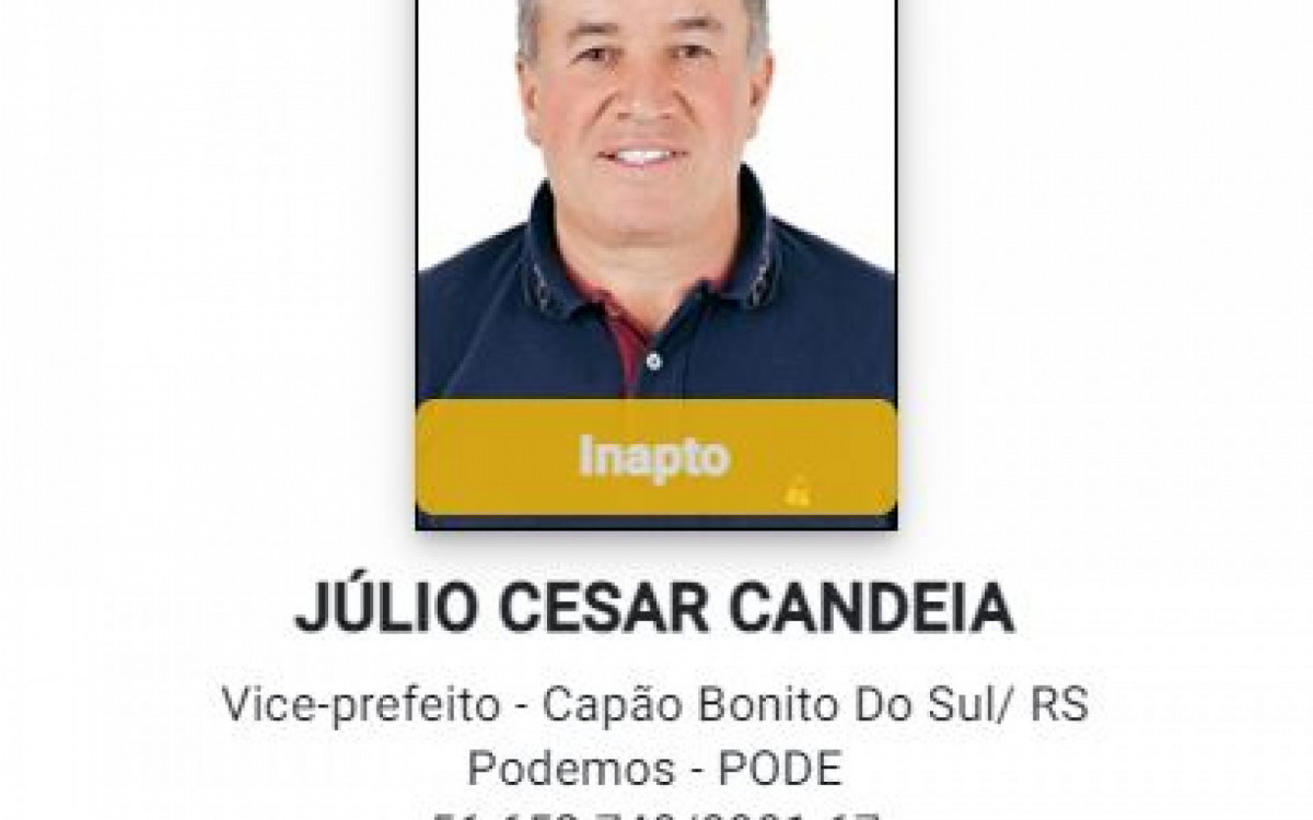 Júlio Cesar Candeia (Podemos) era candidato a vice-prefeito em Capão Bonito do Sul (RS). Ele morreu aos 55 anos, em 13 de agosto. O motivo do falecimento não foi confirmado