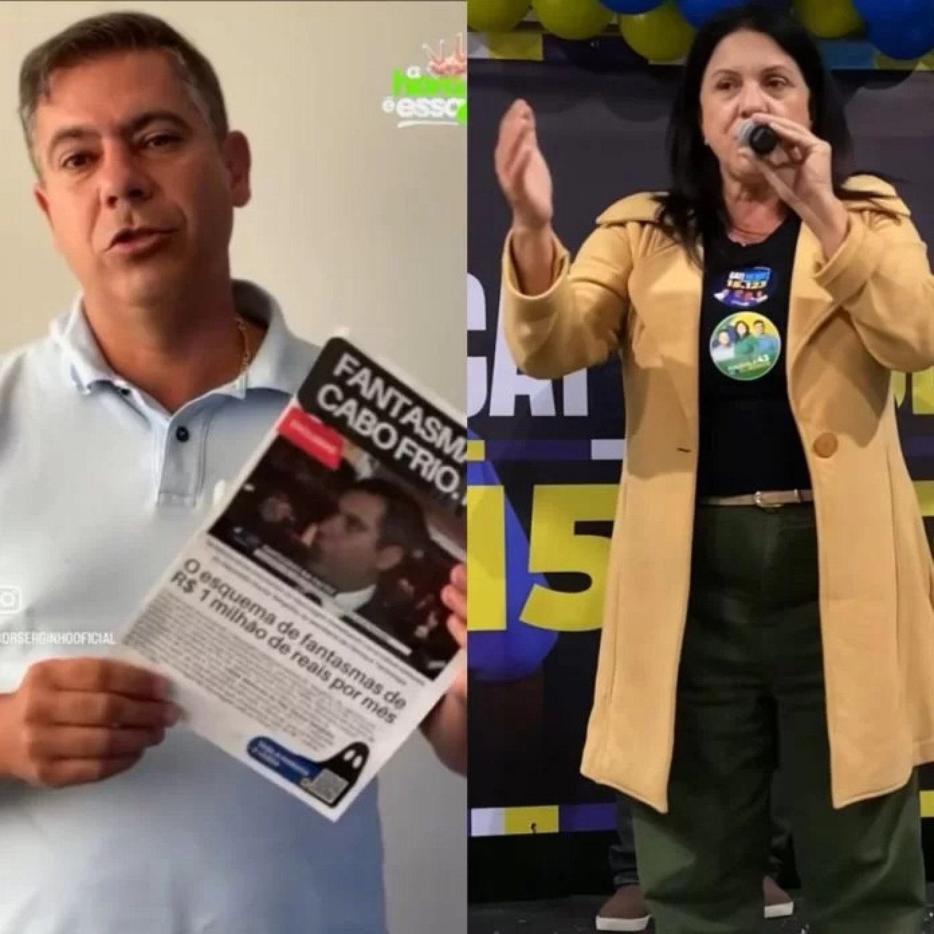 À esquerda, o candidato a prefeito Dr. Serginho segurando exemplar do material apreendido. À direita, prefeita e candidata à reeleição, Magdala Furtado. 