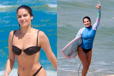 Isabella Santoni surfa e exibe corpão em praia do Rio