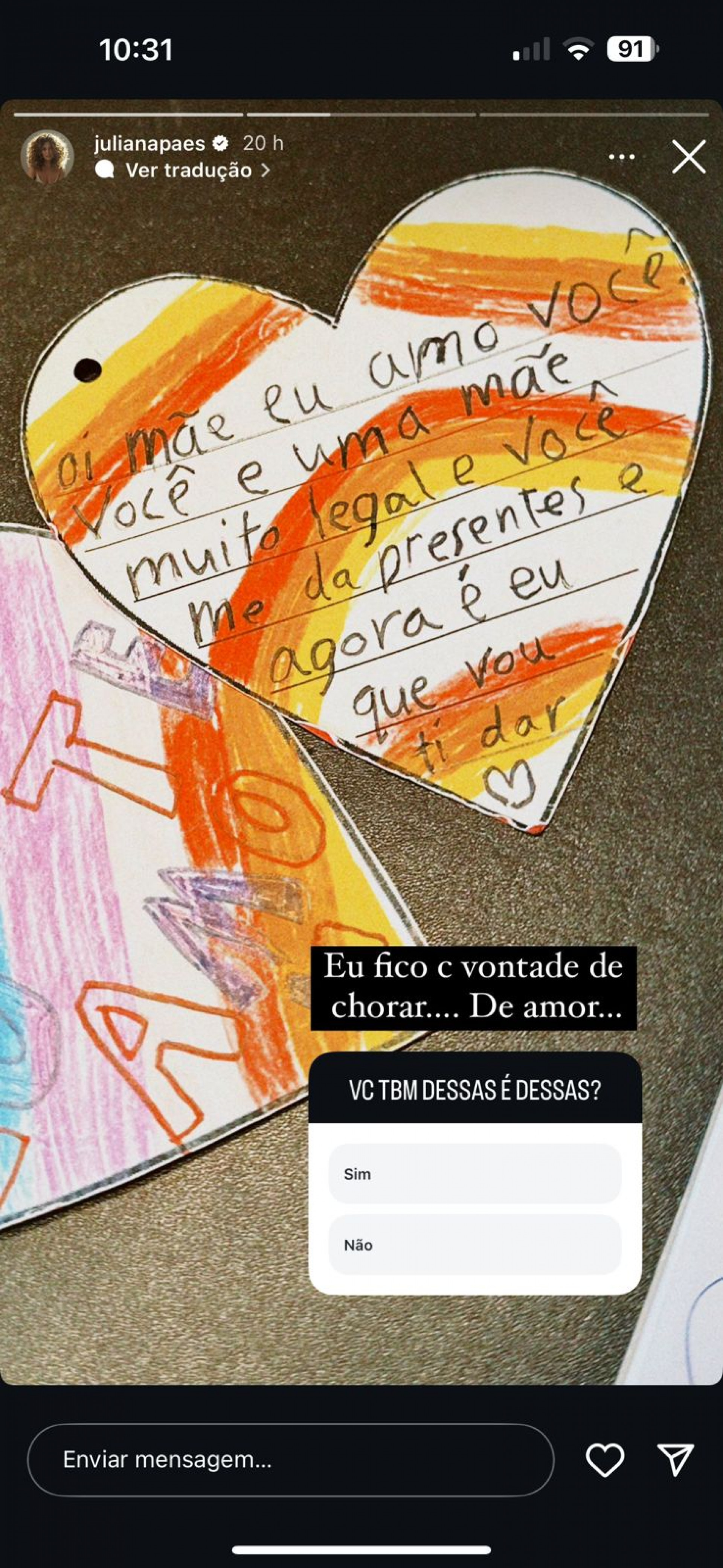 Bilhete que seu filho mais novo fez a Juliana - Reprodução Instagram