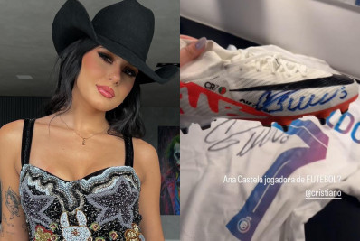 Ana Castela recebe camiseta e chuteira autografada por Cristiano Ronaldo: ‘Jogadora?’