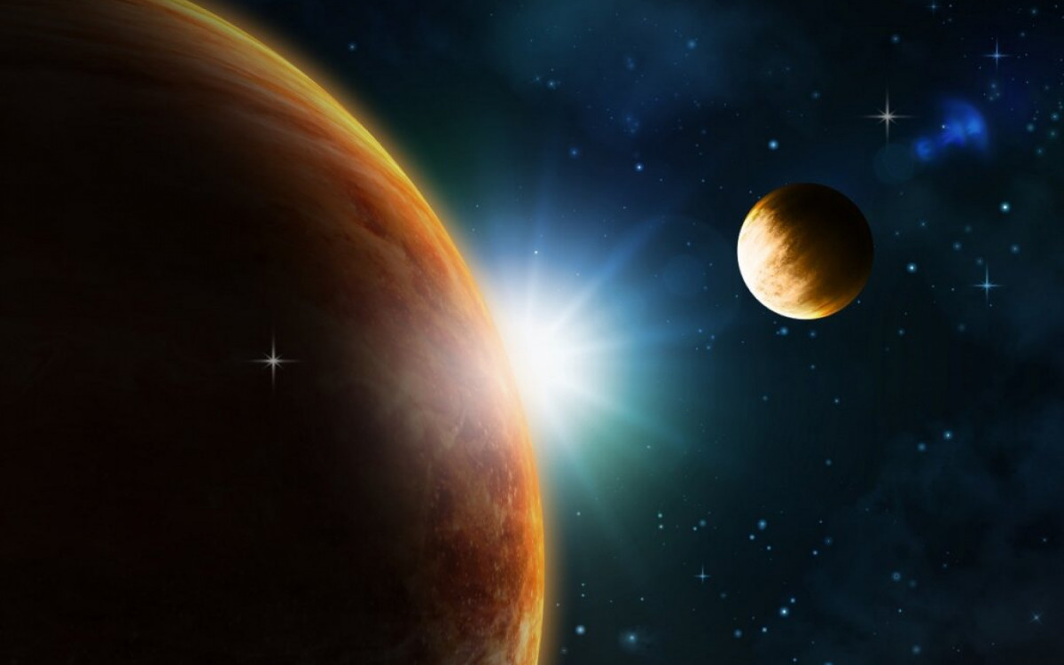 Night sky background with fictional planets, nebula and stars