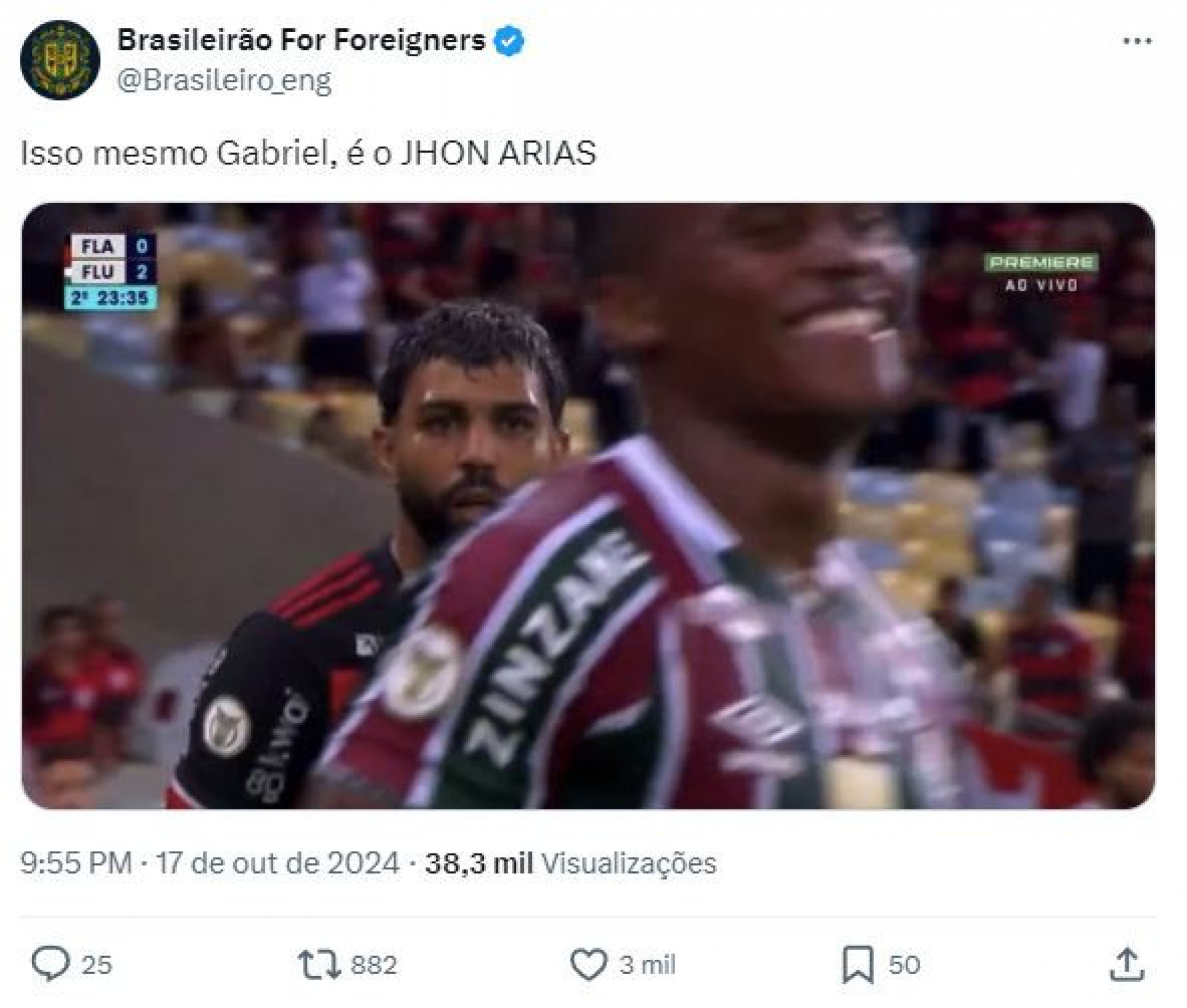 Torcedores resgataram o momento em que Gabriel Barbosa observa Jhon Arias comemorar o gol - Reprodução / X