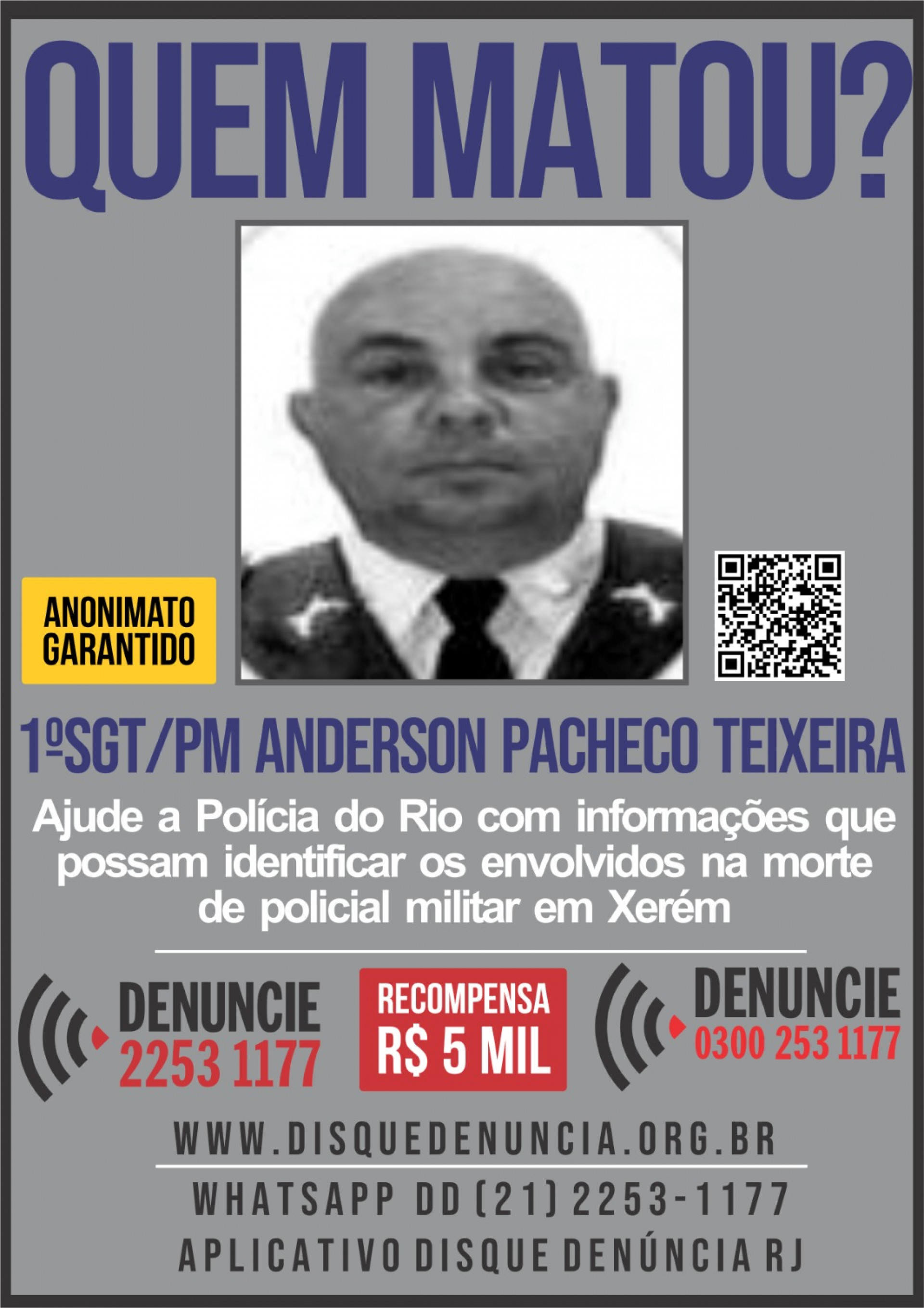 Disque Denúncia divulga cartaz sobre morte de PM em Xerém, na Baixada Fluminense - Divulgação