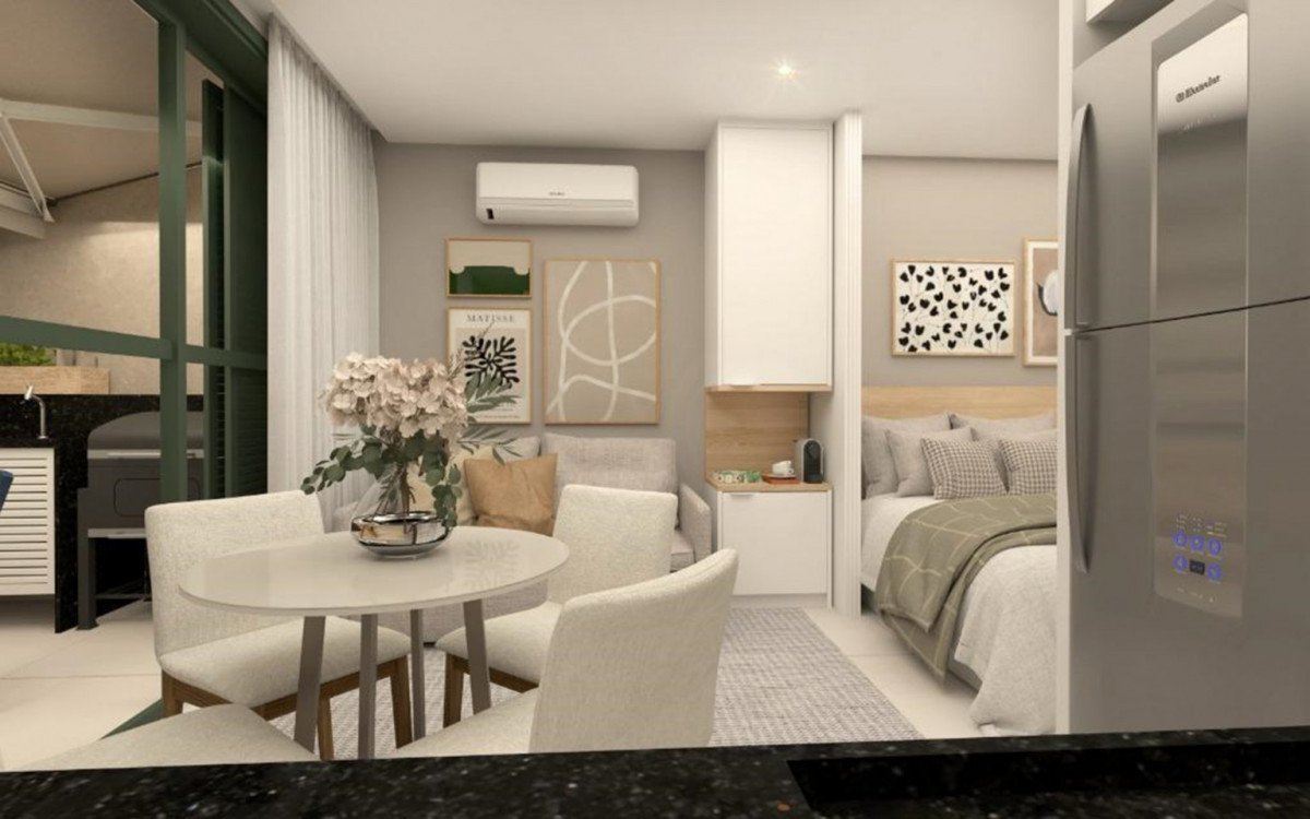 Uma das opções de estúdio decorado de empreendimento em Copacabana voltado para locação de curta temporada