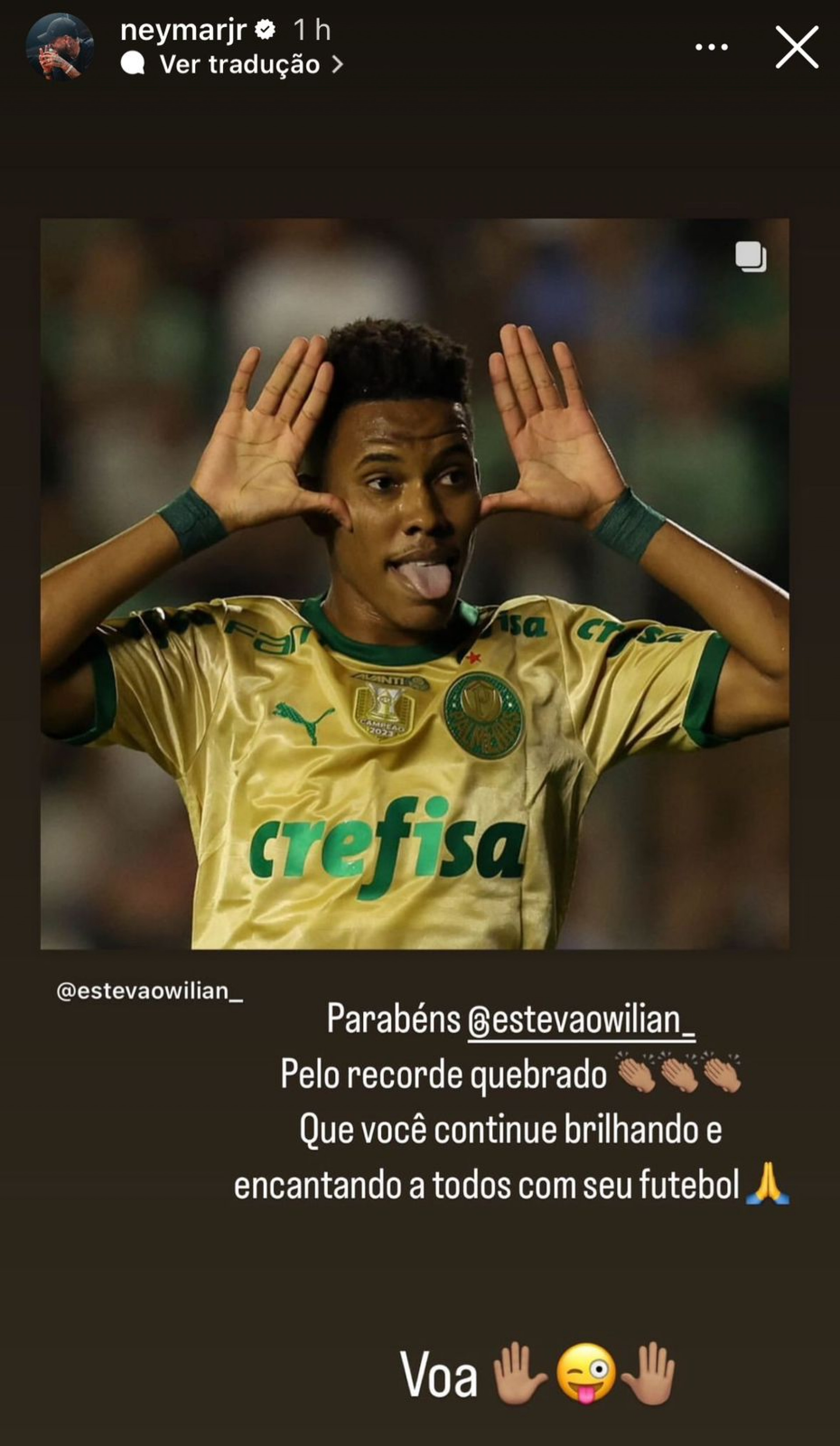 Mensagem de Neymar para Estêvão - Reprodução/Instagram @neymarjr