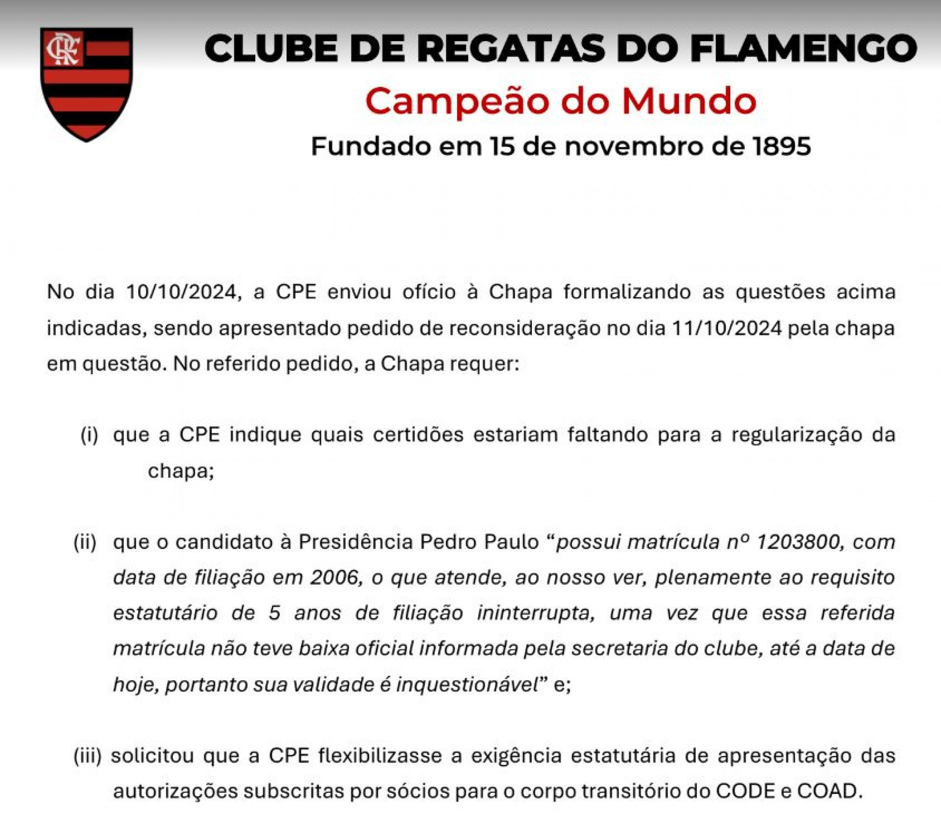 Parecer de Registro de Chapas ? Pleito 2024 ? Triênio 2025/2027 - 2 - Imagem: Canal do Youtube Resenha Rubro Negra