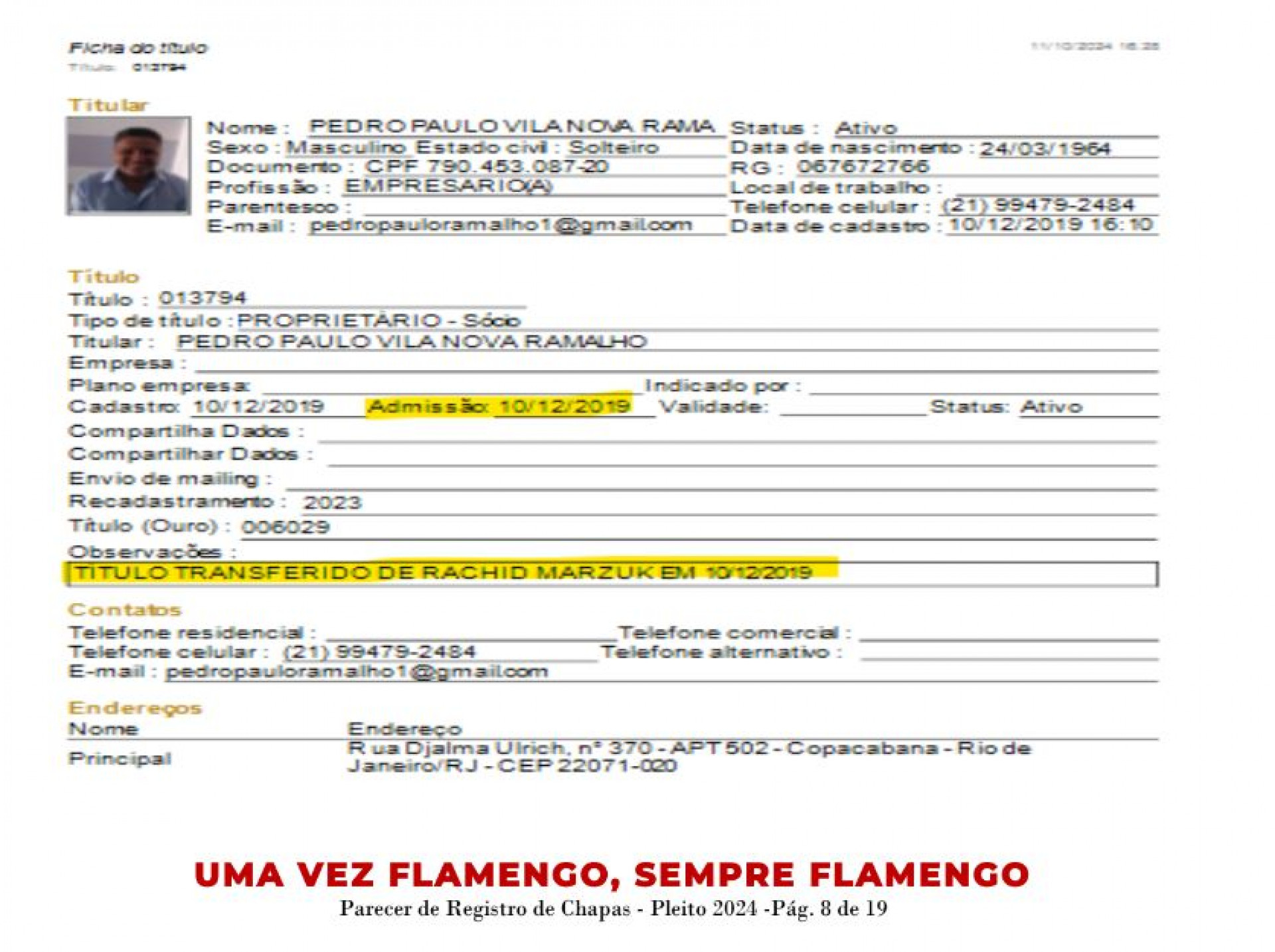 Parecer de Registro de Chapas ? Pleito 2024 ? Triênio 2025/2027 - 4 - Imagem: Canal do Youtube Resenha Rubro Negra