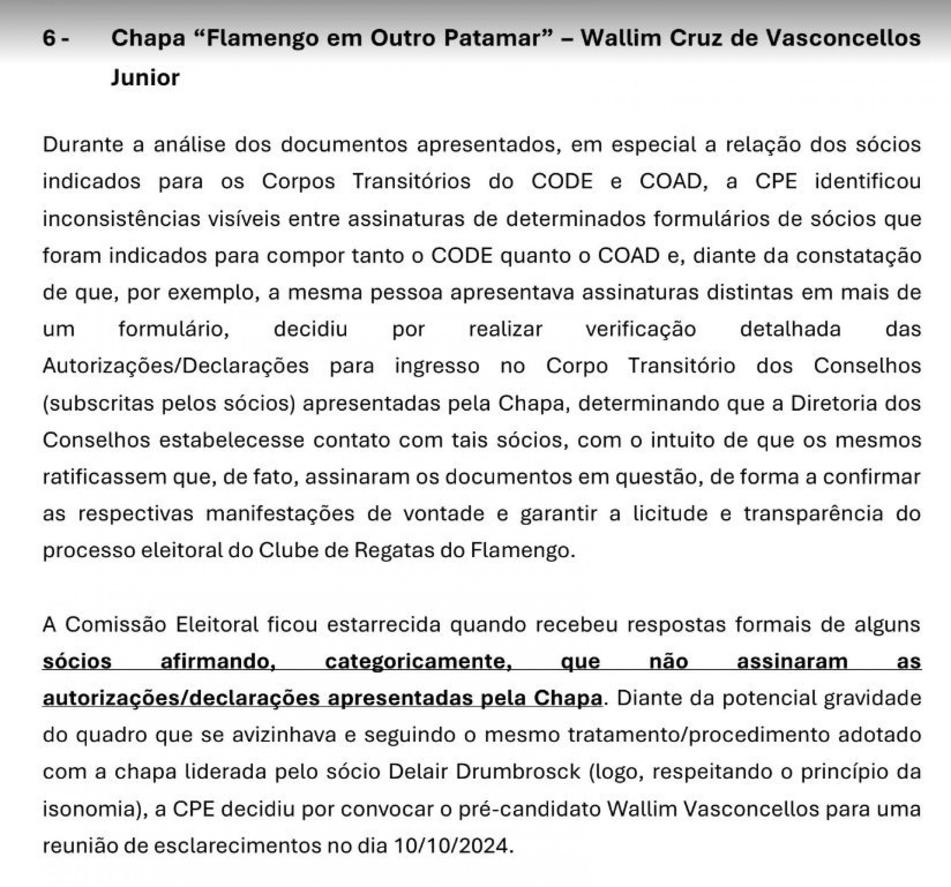 Parecer chapa Wallim Vasconcelos - Imagem: Canal do Youtube Resenha Rubro Negra