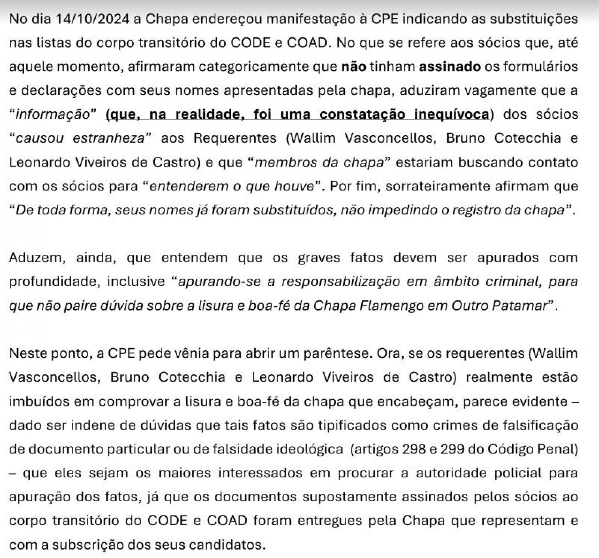 Parecer chapa Wallim Vasconcelos - Imagem: Canal do Youtube Resenha Rubro Negra