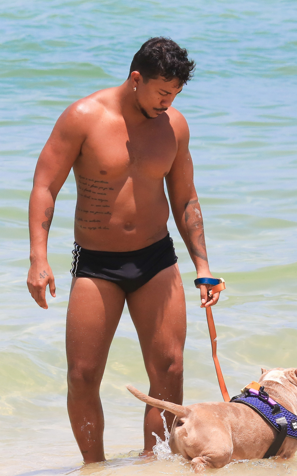 Xamã passeia com seu cachorro na praia da Barra - Fabrício Pioyani/Agnews