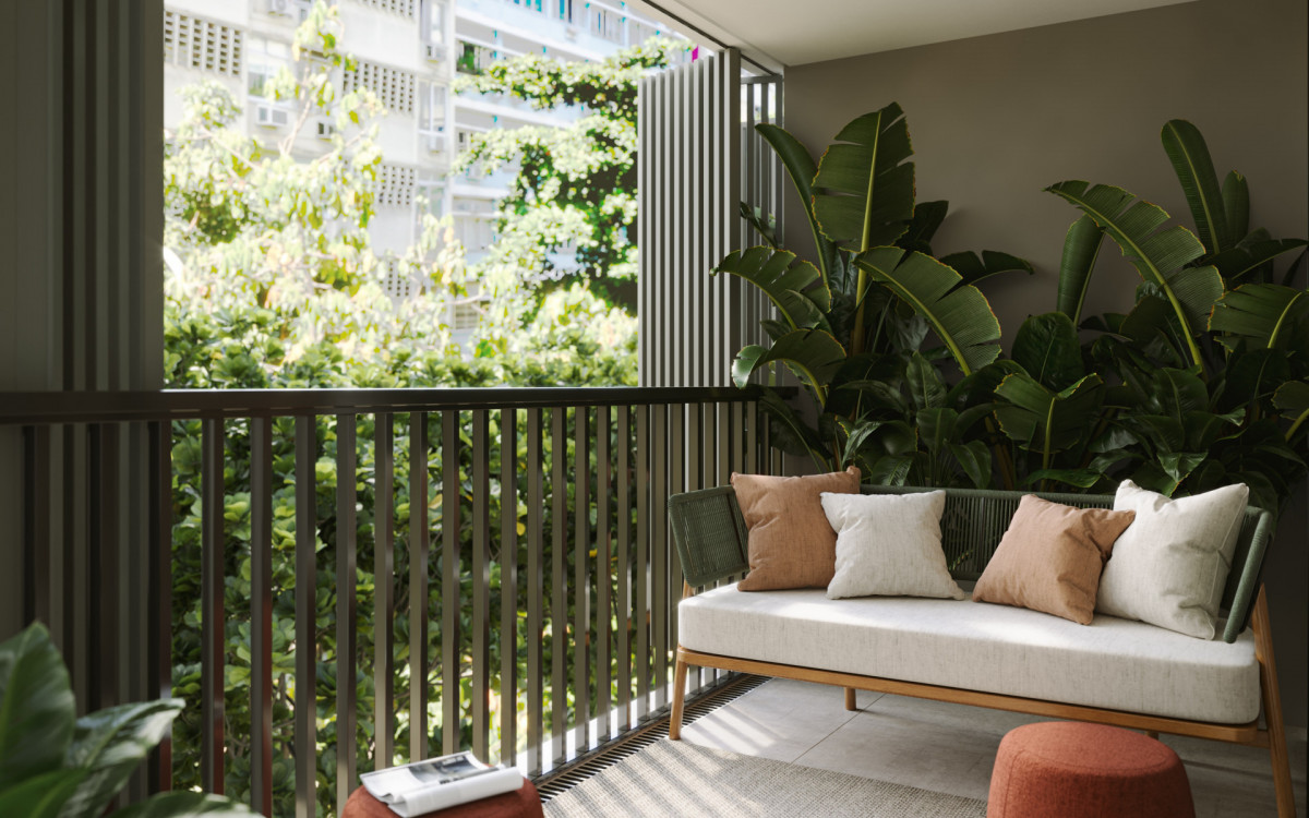 Varanda de empreendimento em Ipanema com 39 unidades entre estúdios, double studios, gardens e coberturas