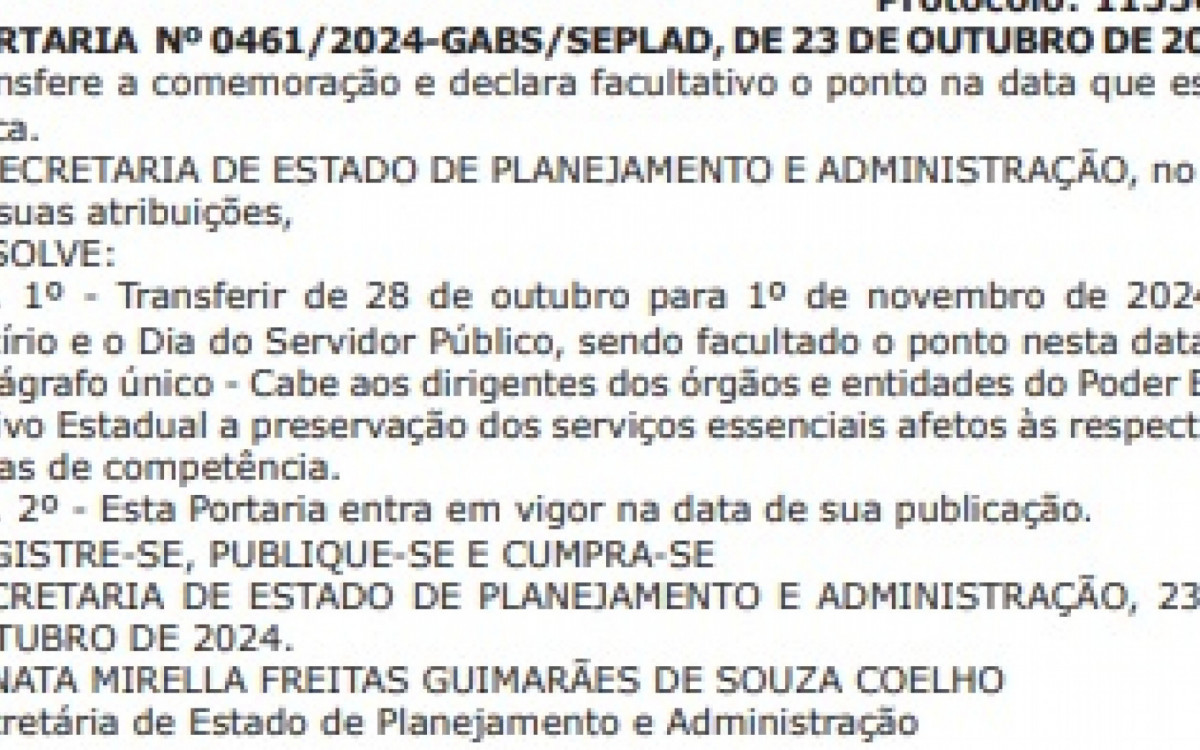 Documento informa que foram transferidos para o dia 1º de Novembro, o Recírio e o Dia do Servidor Público