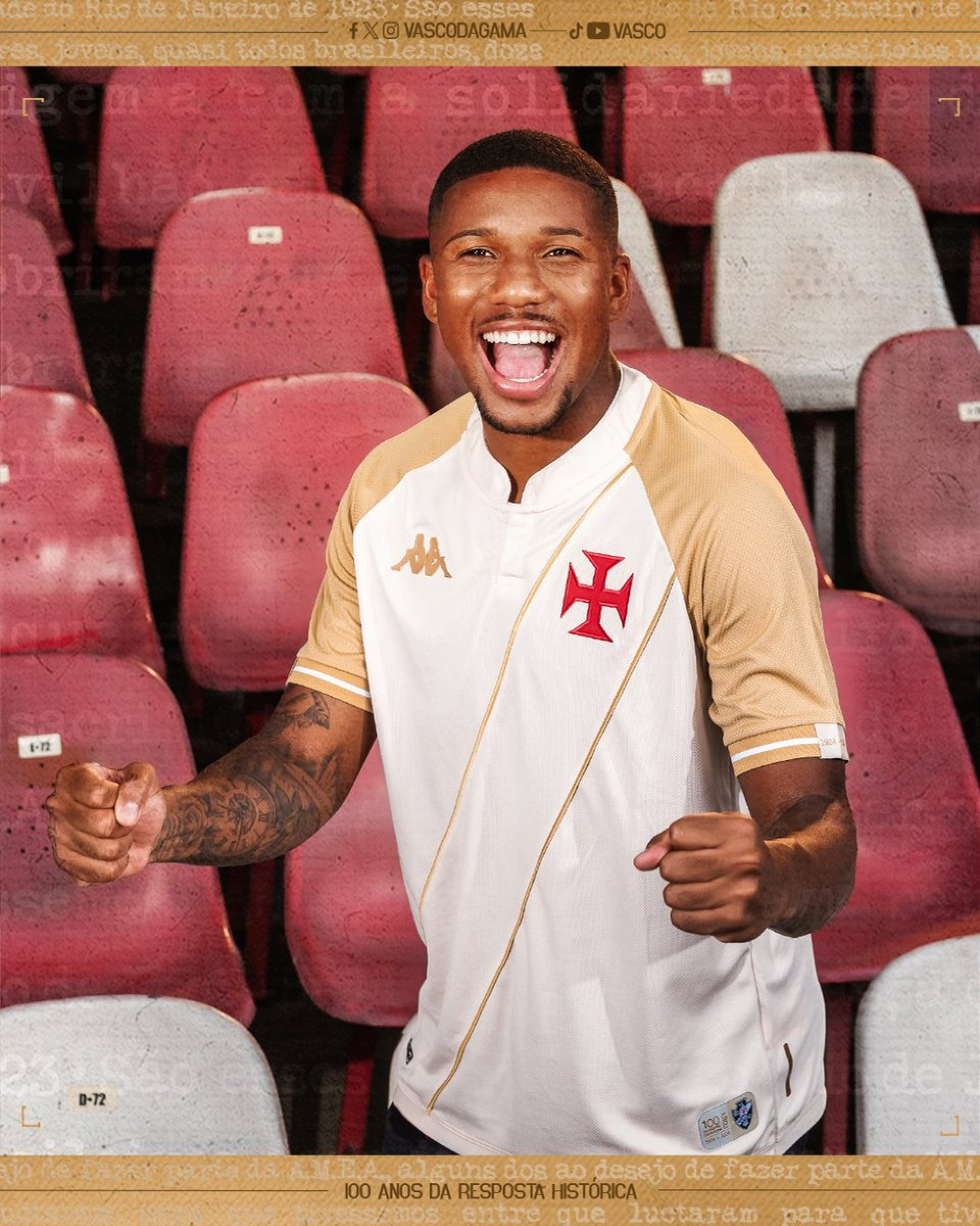 A terceira camisa do Vasco é branca e dourada e tem trecho da Resposta Histórica - Divulgação / Alessandra Lima / Movedby