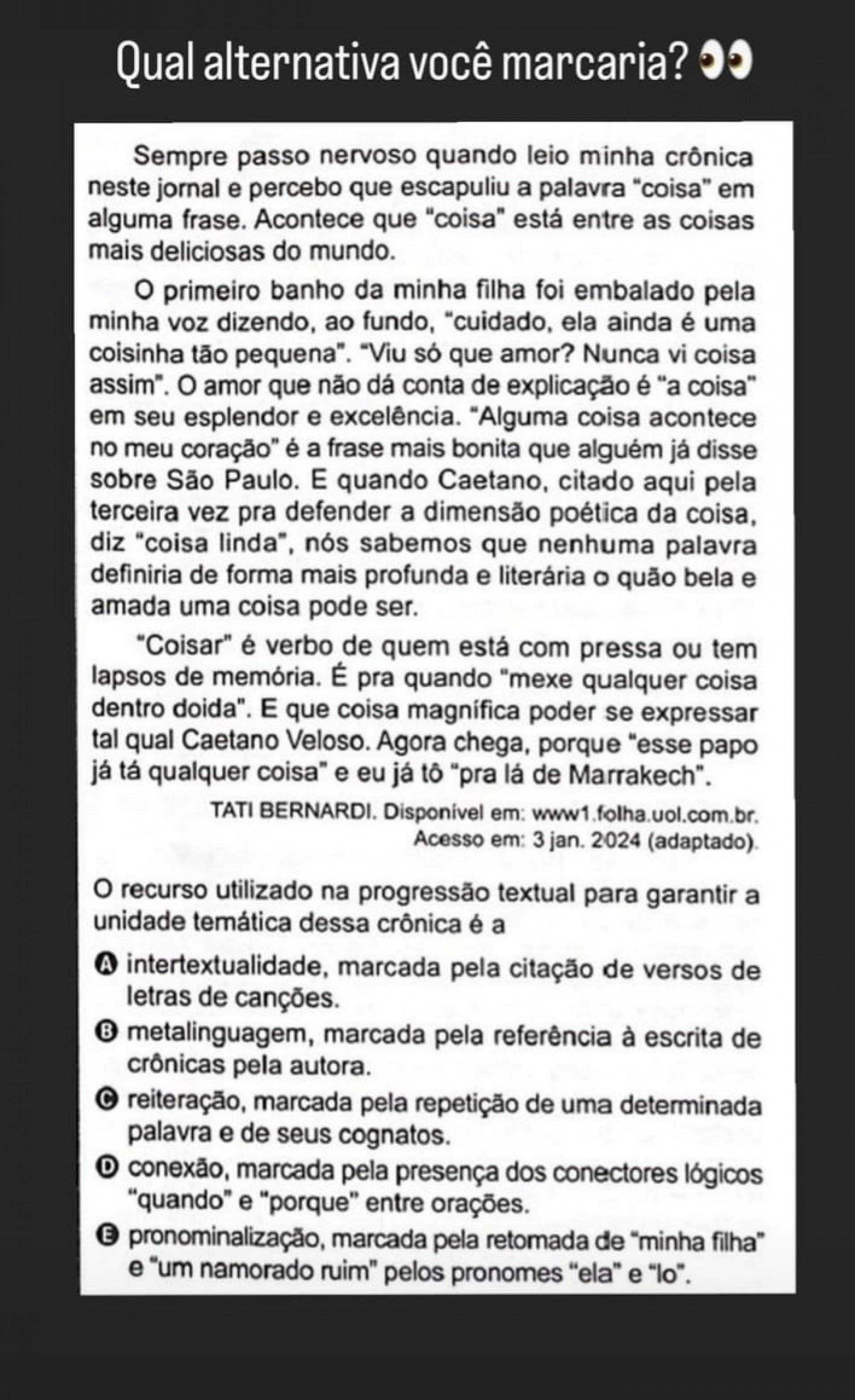 Trechos de canções do artista estavam em crônica que virou questão do Enem - Reprodução/Instagram