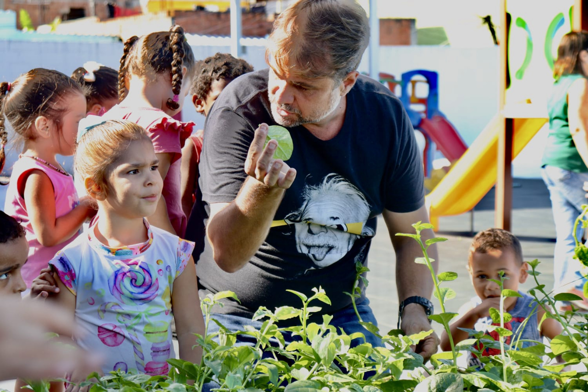 Os alunos colheram folhinhas com o professor de biologia Luciano Tadeu, coordenador do projeto Horta Escolar, da Secretaria Municipal de Educação - Mabi Rodrigues / PMN