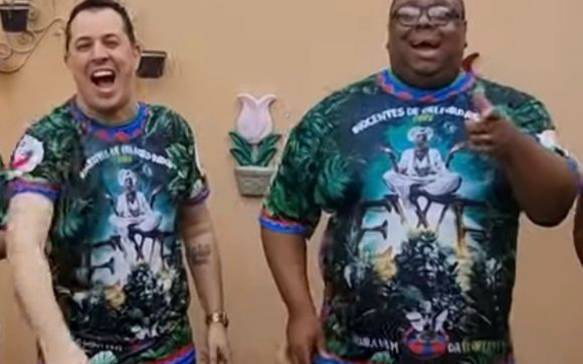 Thiago Brito e Daniel Silva na gravação do hino oficial de 2025 da Inocentes de Belford Roxo