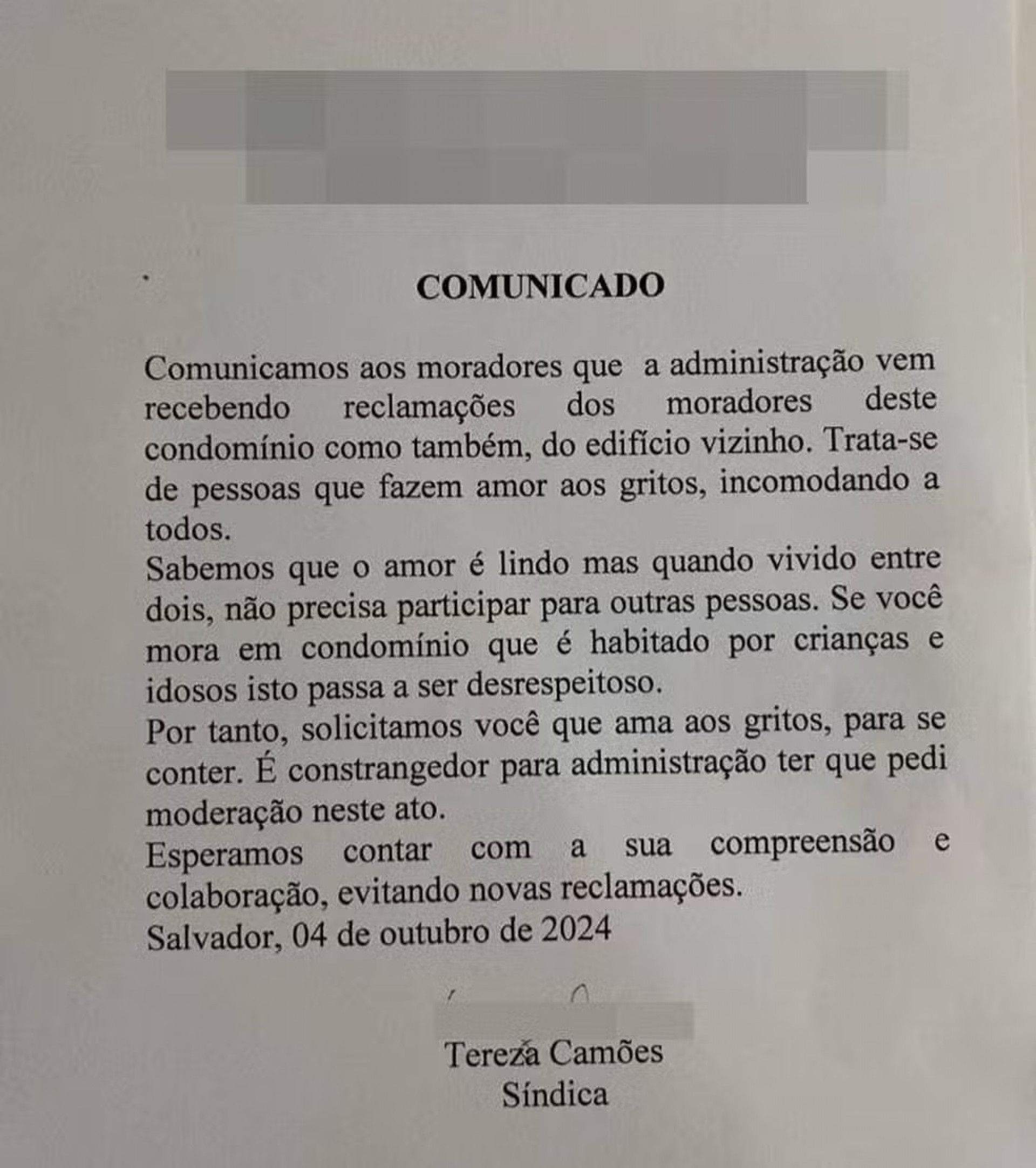 Comunicado pedindo que apaixonados se contenham viralizou na internet - Reprodução