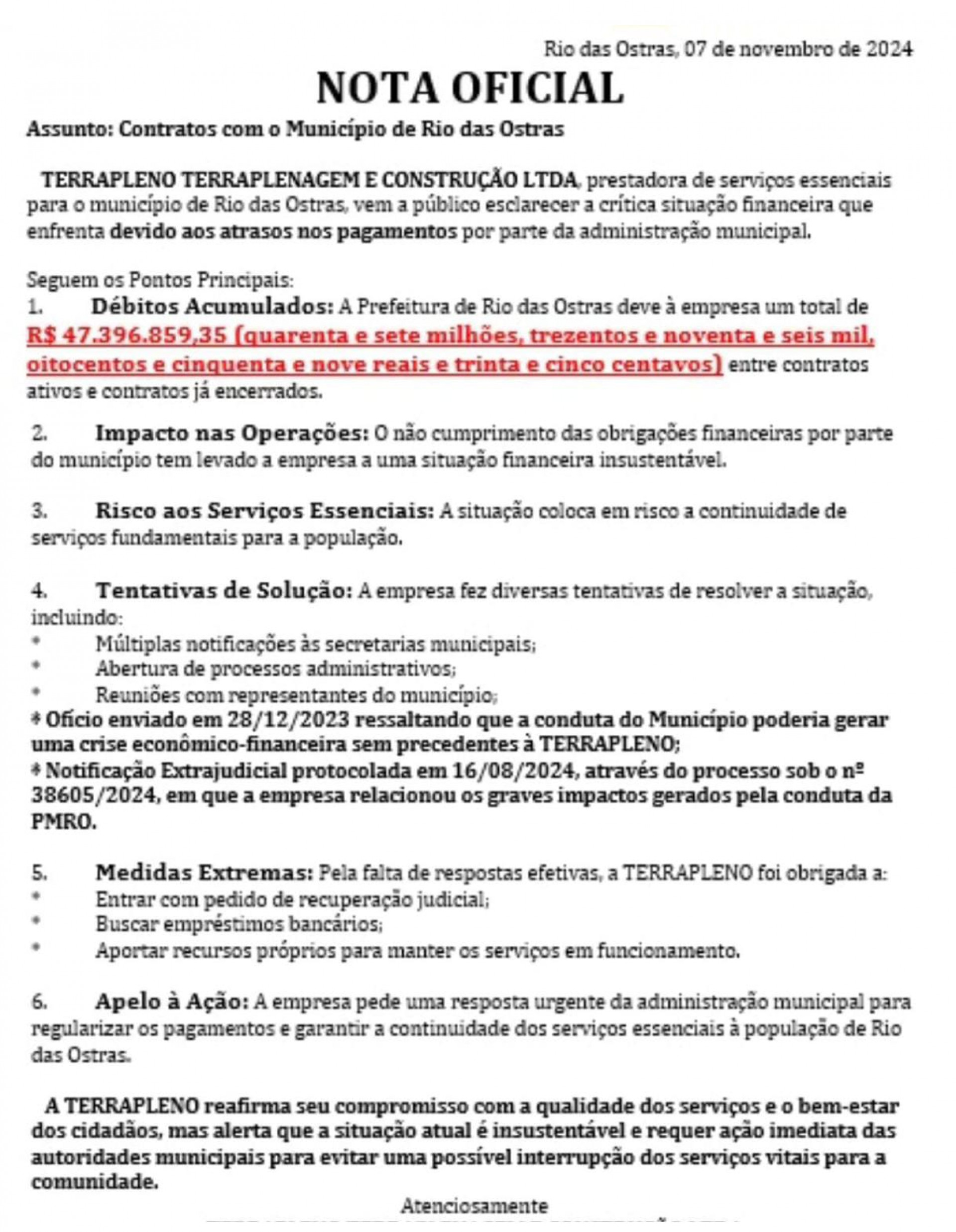 A mais recente nota divulgada pela TERRAPLENO Terraplenagem e Constru&ccedil;&atilde;o Ltda. exp&otilde;e uma d&iacute;vida alarmante de R$ 47.396.859,35 - Foto: Reprodu&ccedil;&atilde;o