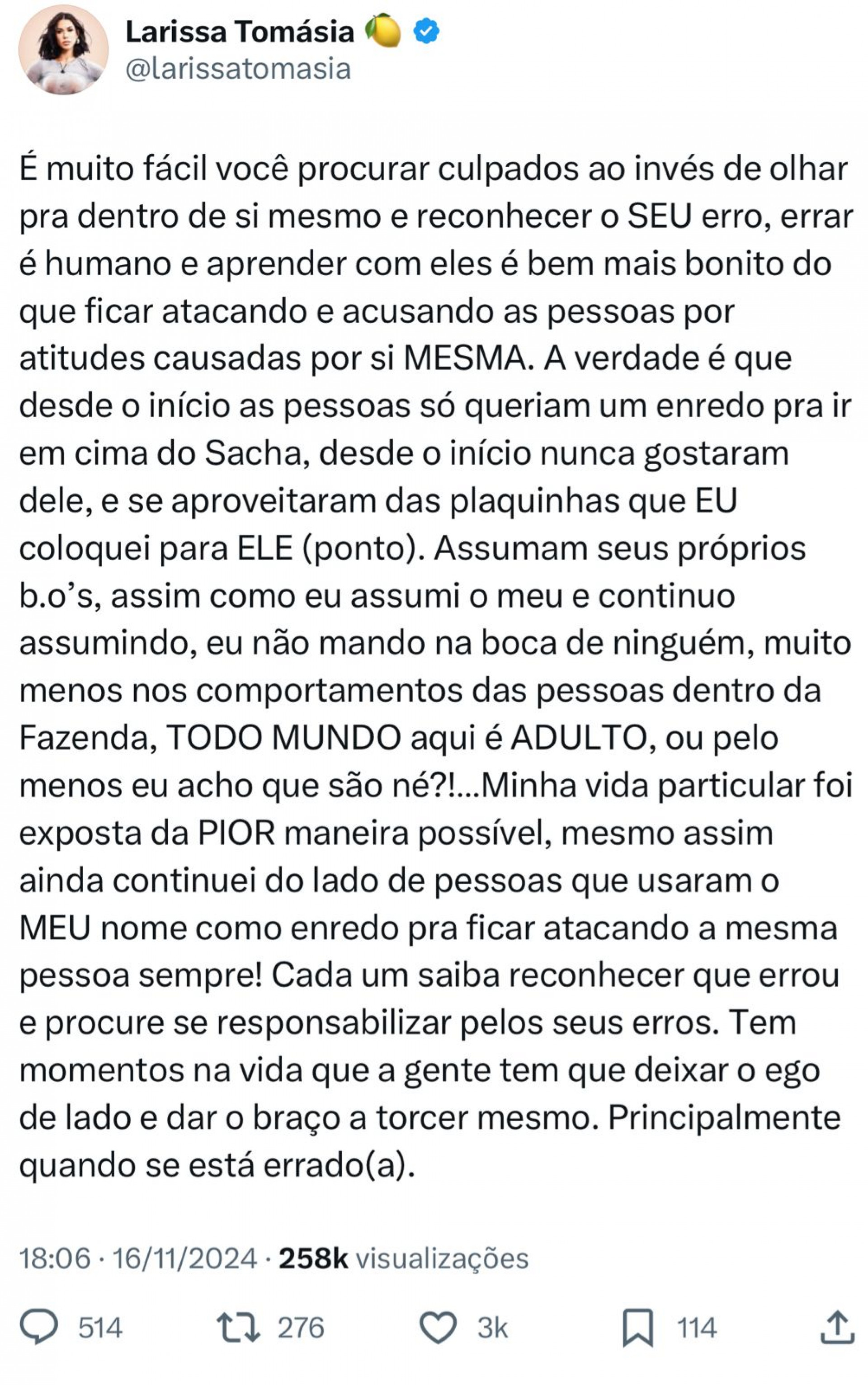 Larissa Tomásia publica suposta indireta a Gizelly - Reprodução Twitter
