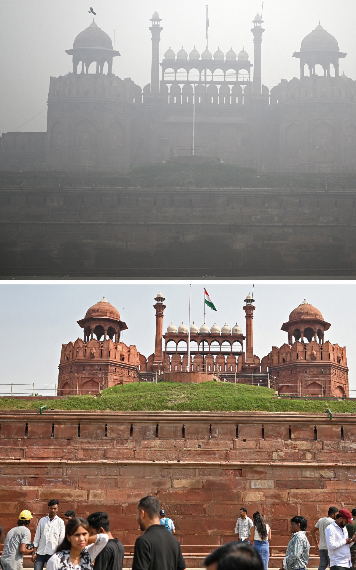 Forte vermelho em Nova D&eacute;lhi, depois e antes da polui&ccedil;&atilde;o - Reprodu&ccedil;&atilde;o / Sajjad Hussain / AFP