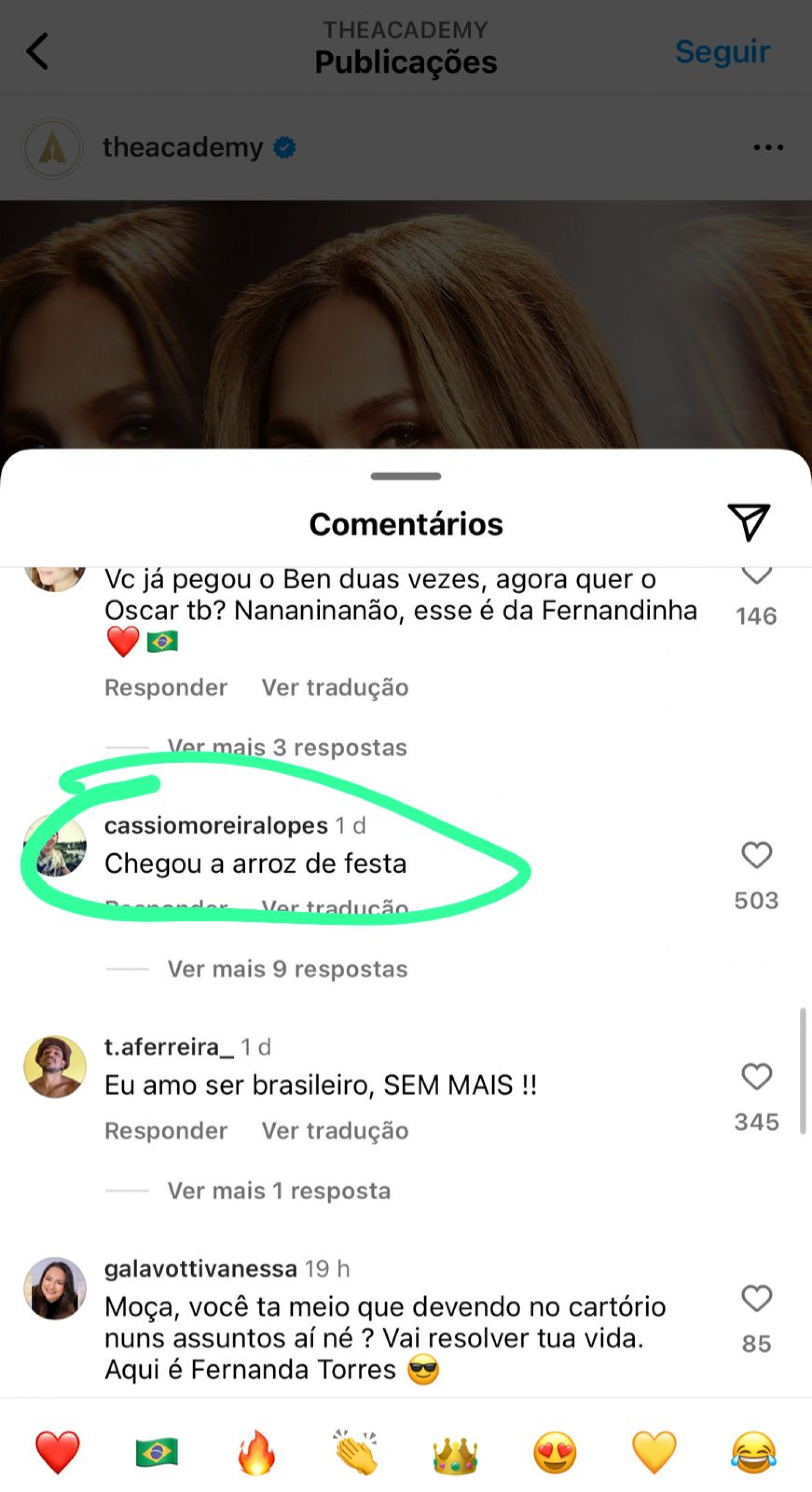 Após foto de Fernanda Torres, brasileiros causam tumulto na rede social do Oscar - Foto: Prints/ Instagram
