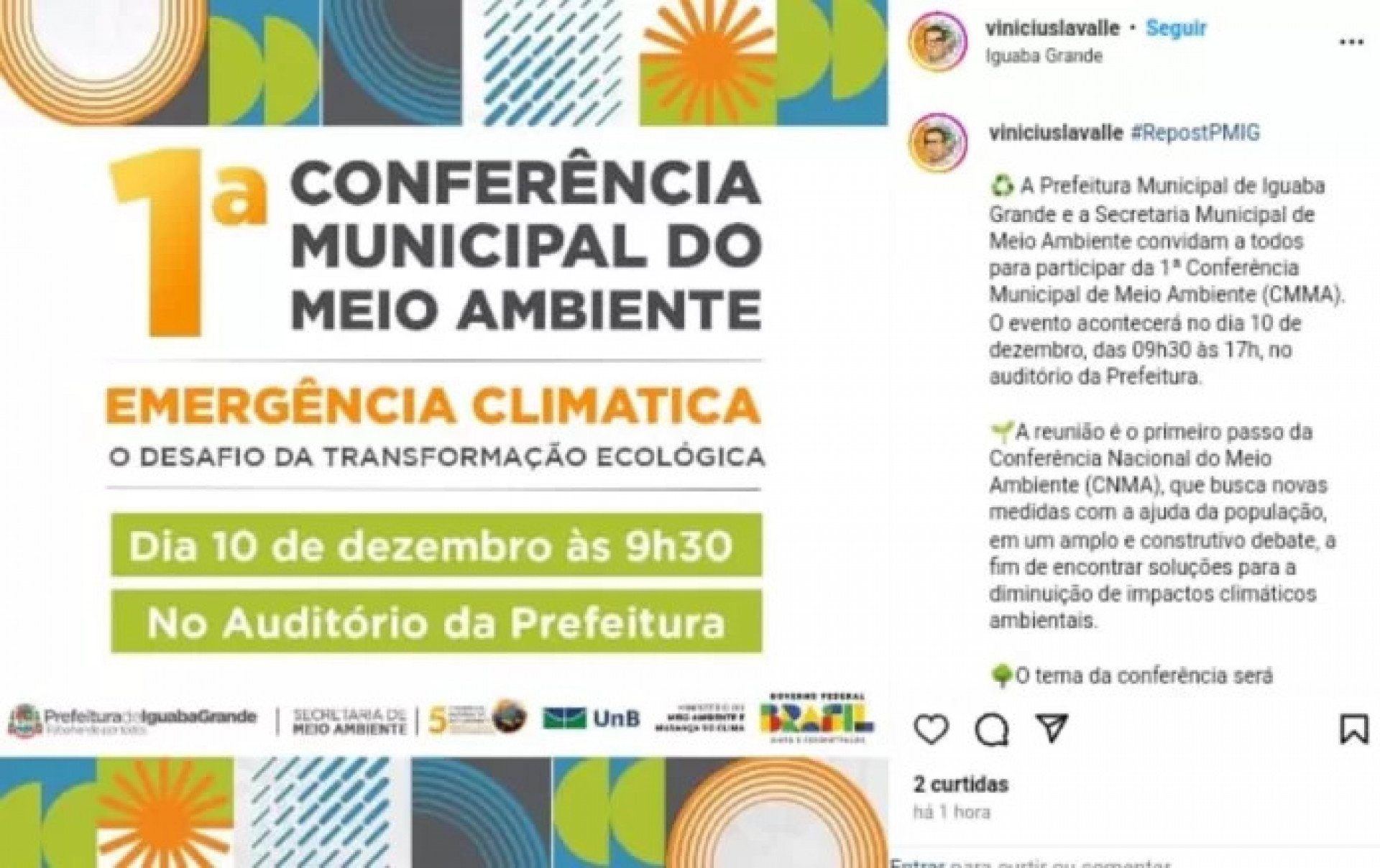 Divulgação da 1ª Conferência Municipal de Meio Ambiente - Reprodução/ Redes Sociais