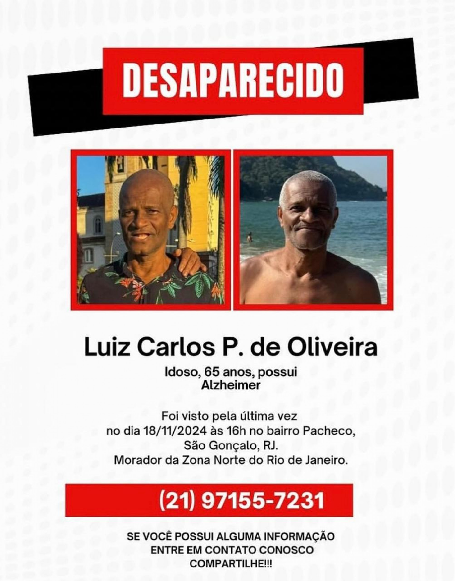 Família pede informações sobre idoso com Alzheimer que desapareceu no bairro Pacheco, em São Gonçalo 