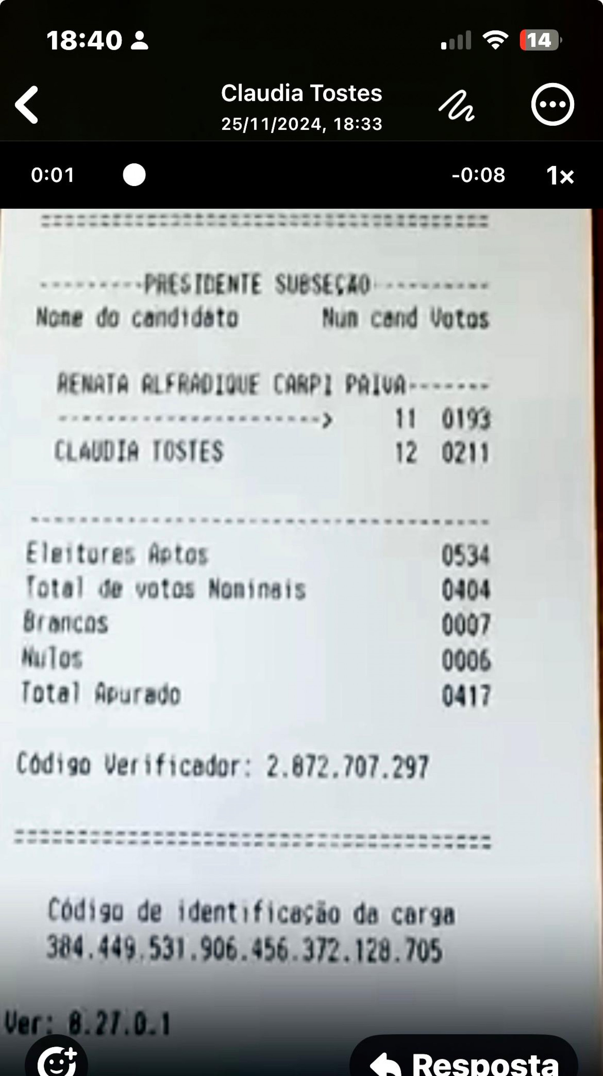 Resultados finais, obtidos de urna eletrônica cedida pelo TRE-Tribunal Regional Eleitoral