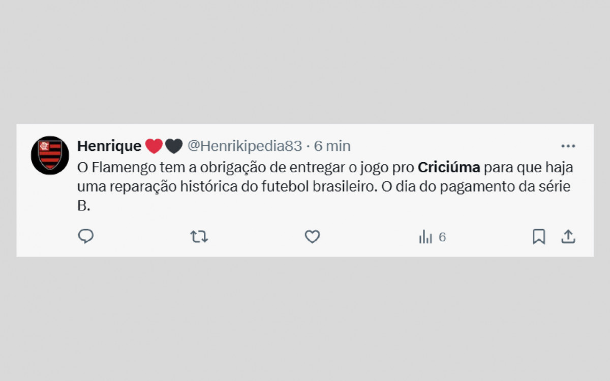 Torcedores do Flamengo querem ver o time perder para o Criciúma para prejudicar o rival Fluminense