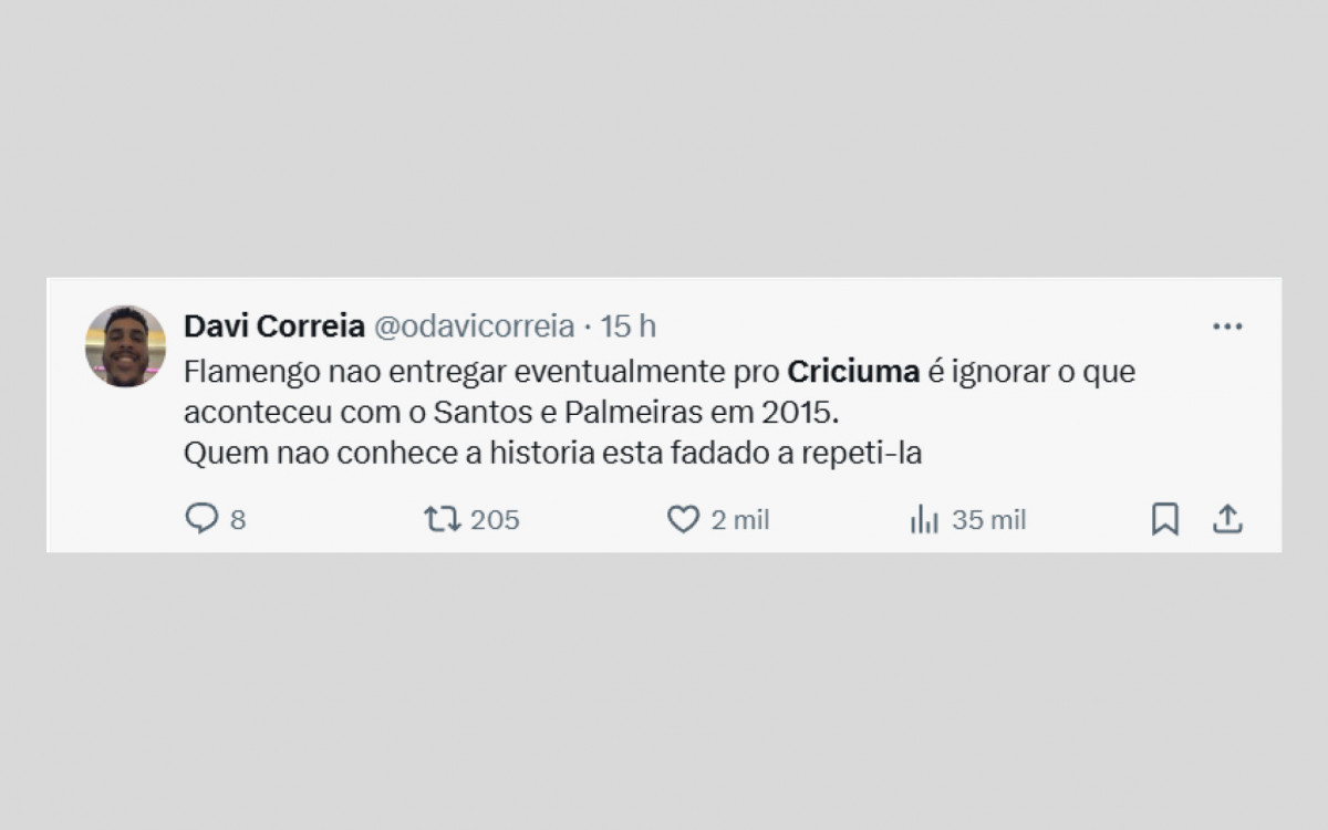 Torcedores do Flamengo querem ver o time perder para o Criciúma para prejudicar o rival Fluminense