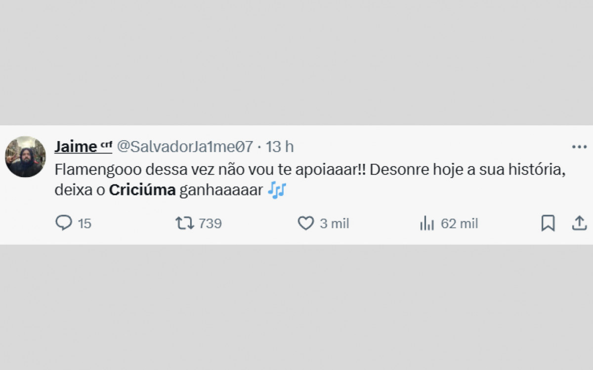 Torcedores do Flamengo querem ver o time perder para o Criciúma para prejudicar o rival Fluminense