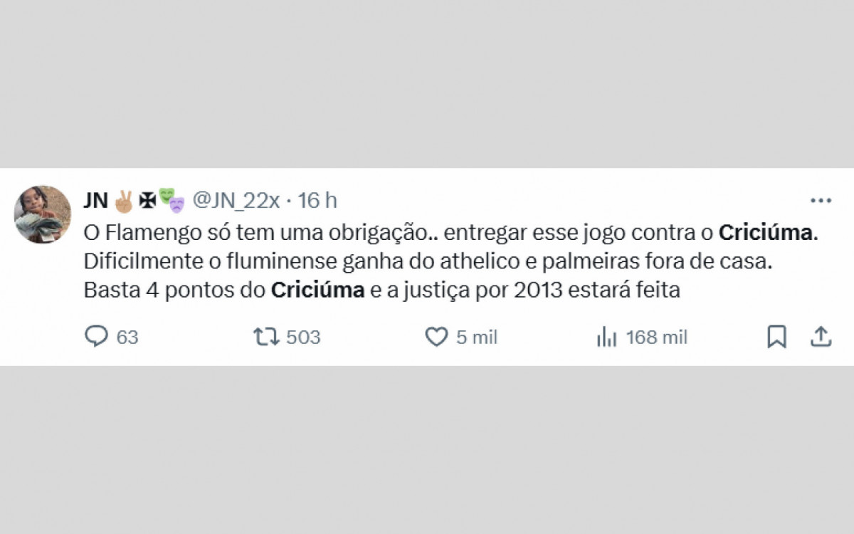 Torcedores do Flamengo querem ver o time perder para o Criciúma para prejudicar o rival Fluminense