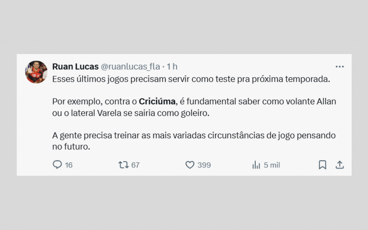 Torcedores do Flamengo querem ver o time perder para o Criciúma para prejudicar o rival Fluminense
