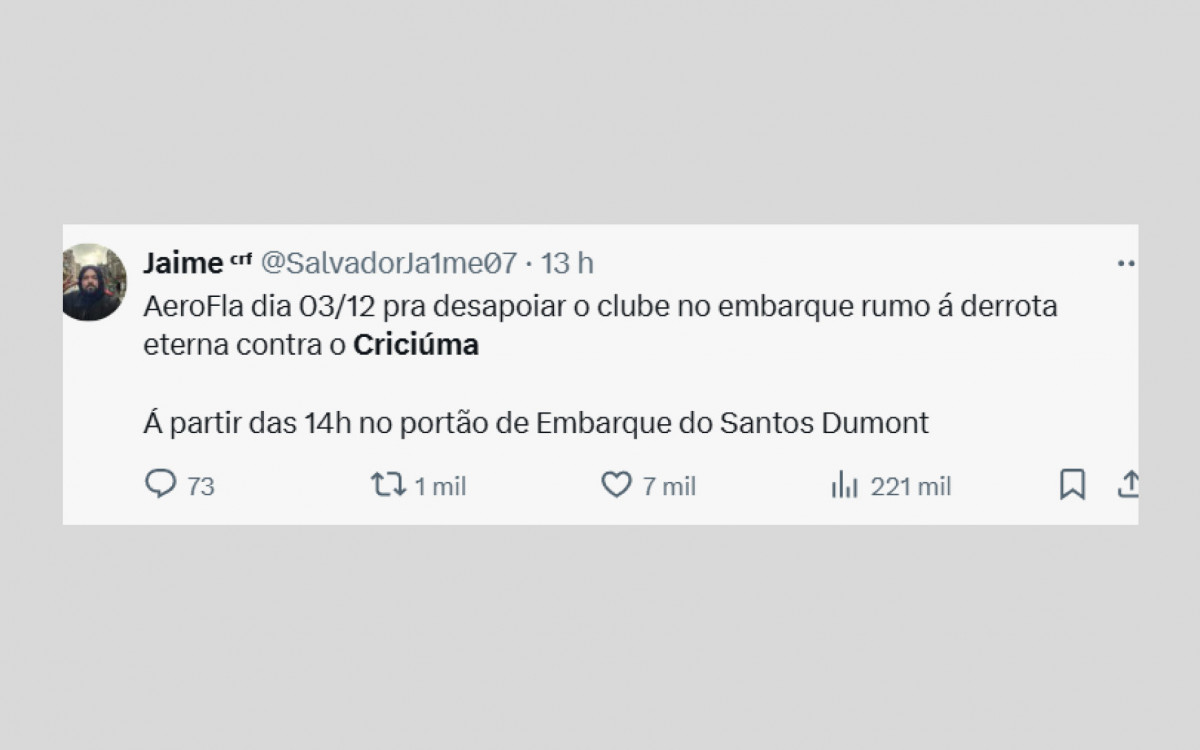 Torcedores do Flamengo querem ver o time perder para o Criciúma para prejudicar o rival Fluminense
