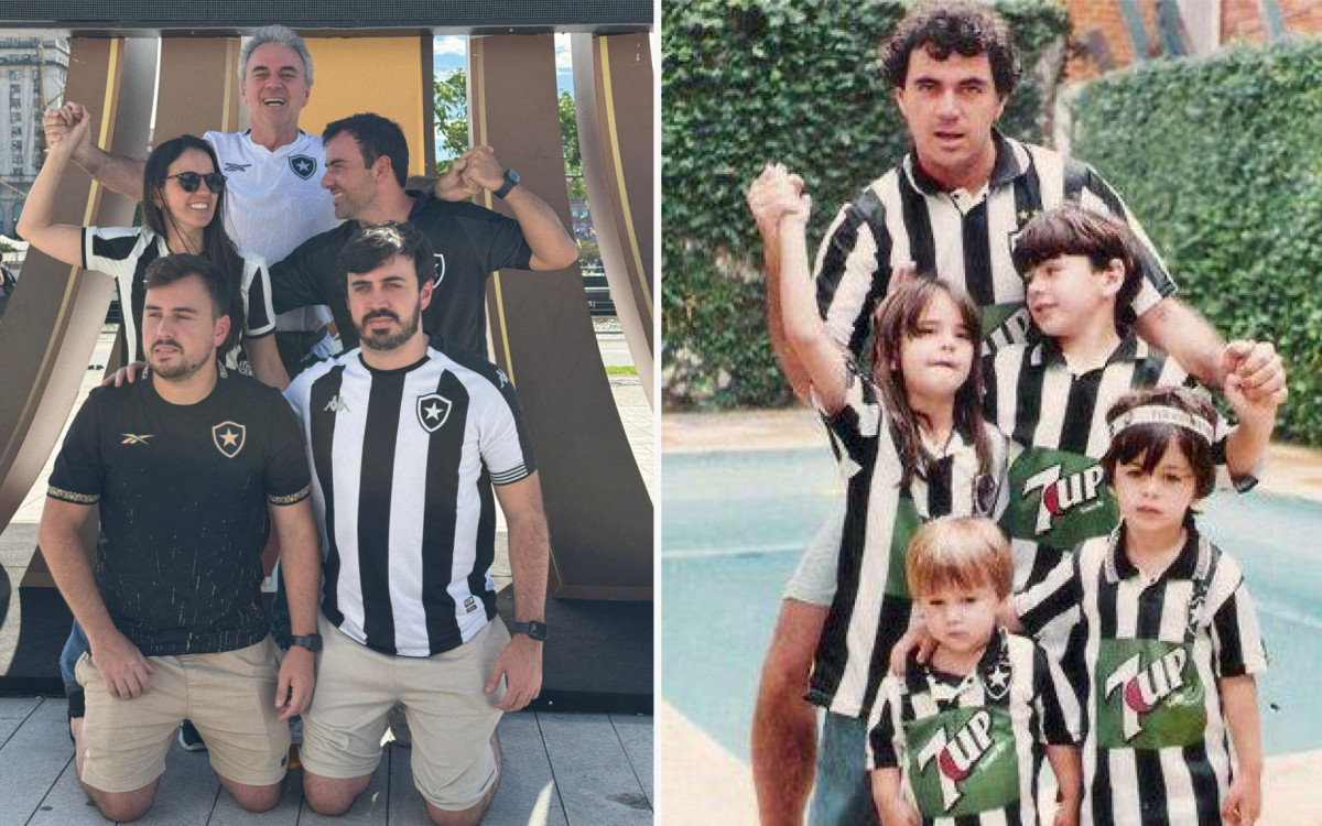 Carolina Araújo Guimarães refez em Buenos Aires foto da infância com o pai,  Marcelo Araújo, e os irmãos Rodrigo (em pé), Alexandre (camisa preta) e Victor - Montagem em cima de fotos de arquivo pessoal