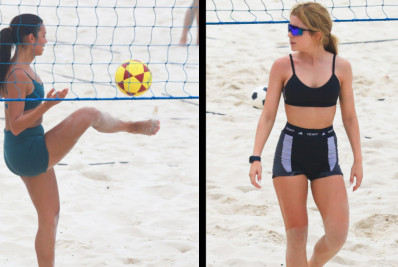 Ex-BBBs Jade Picon e Alane Dias jogam futevôlei na praia da Barra