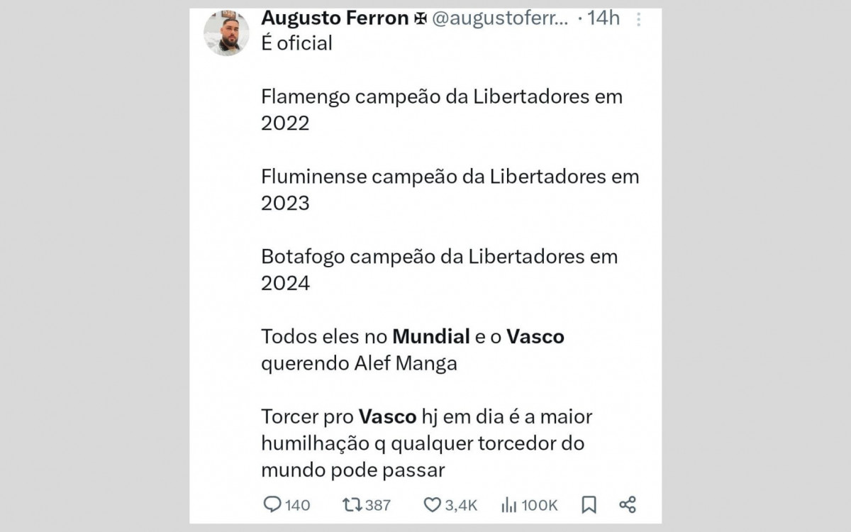 O fato do Vasco ser o único grande do Rio fora do Mundial gerou piadas e brincadeiras na internet