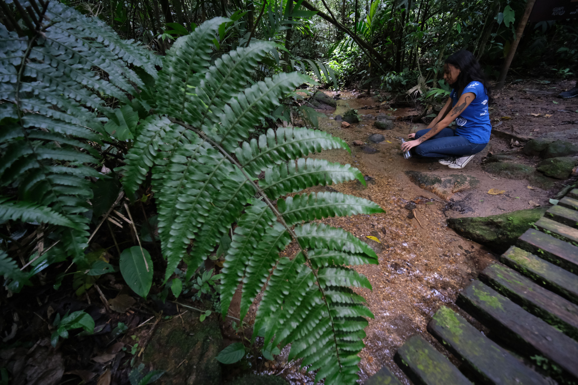 A educadora ambiental do Projeto Guapiaçu Ríllary Lemos demonstra o monitoramento da água no Parque Estadual dos Três Picos - Fernando Frazão/Agência Brasil