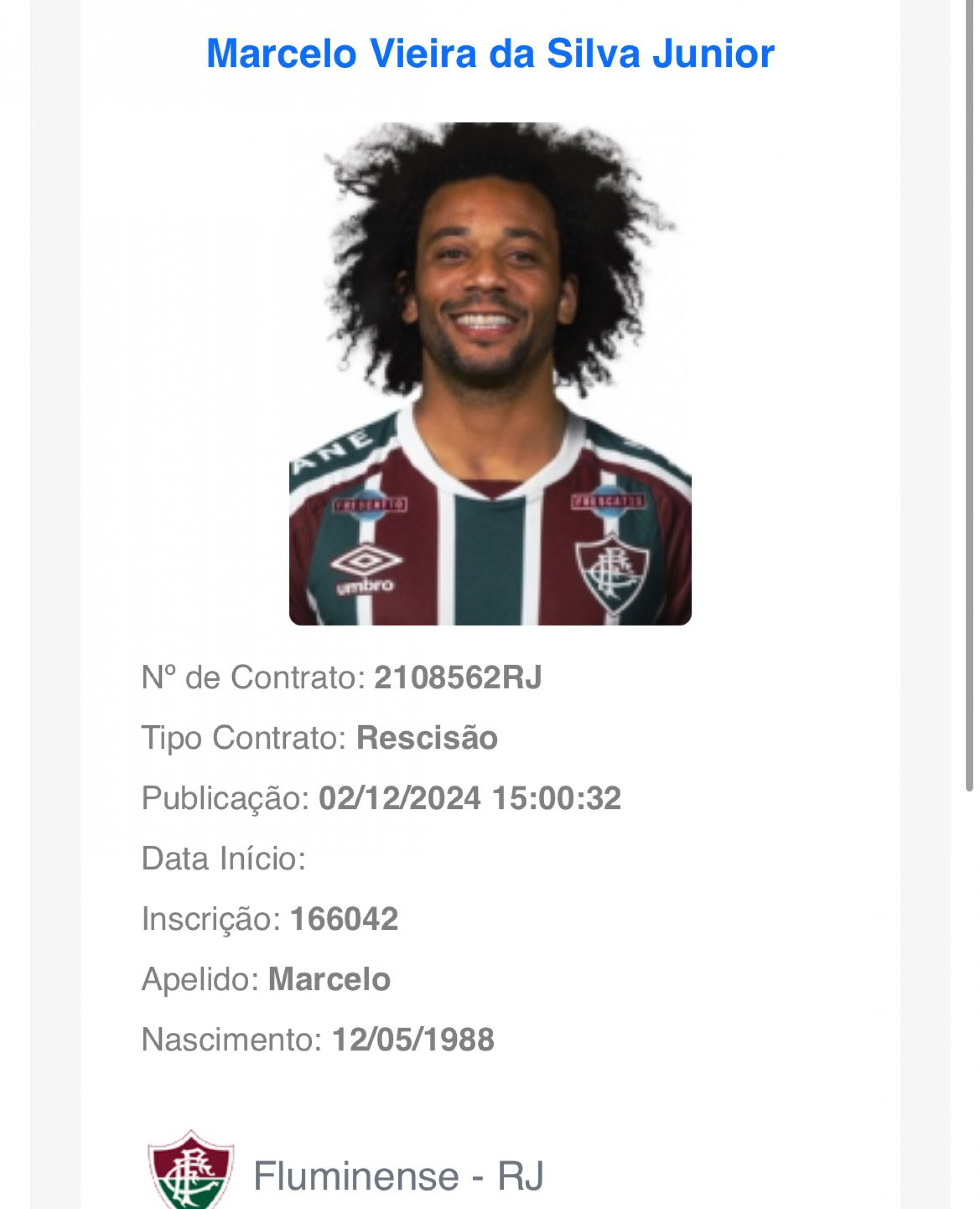 Marcelo agora não tem mais vínculo com o Fluminense - Reprodução / BID