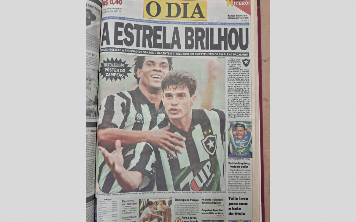 Capa de O Dia em 18/12/95 com destaque para o título Brasileiro do Botafogo, conquistado no dia anterior