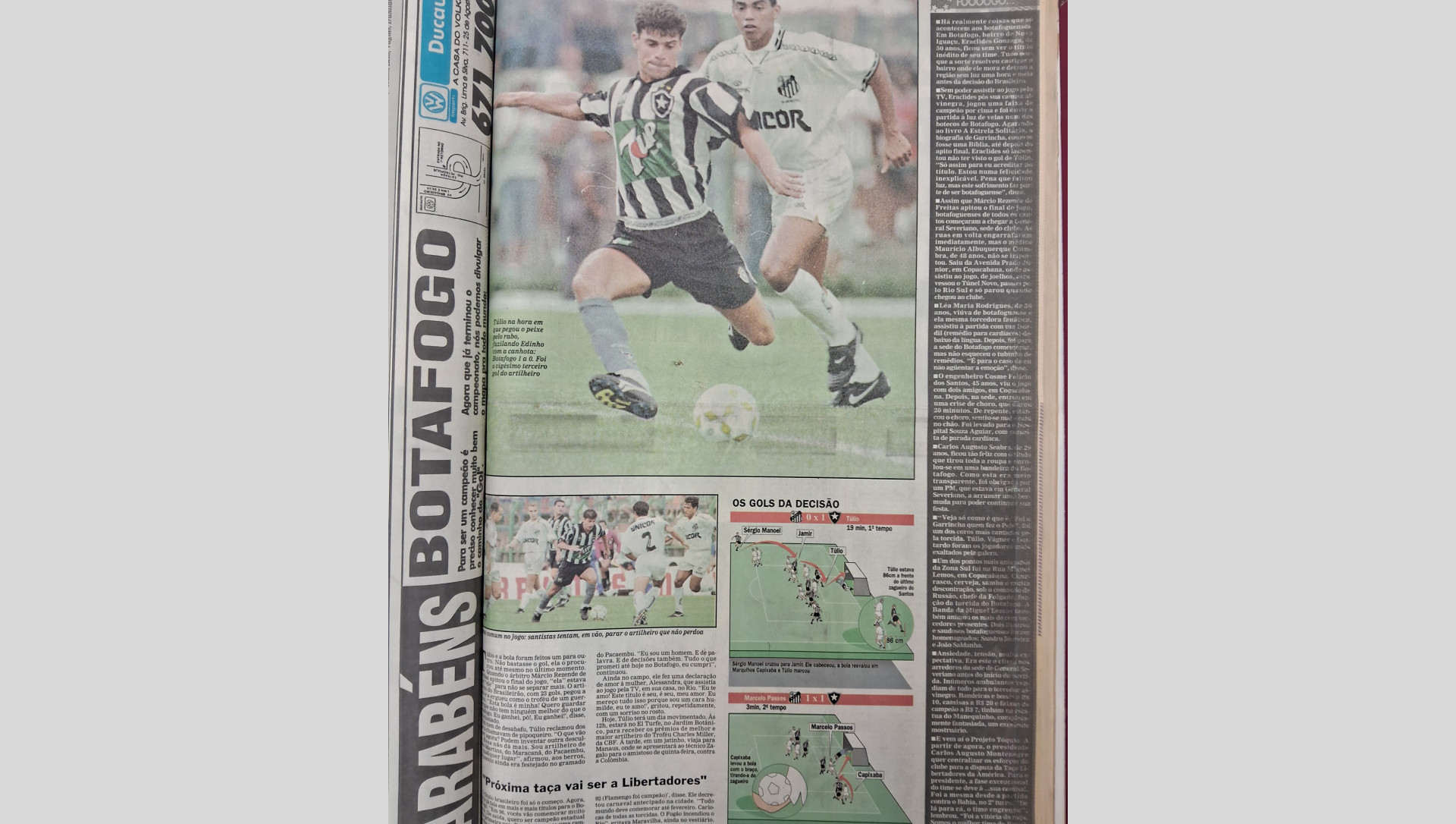No material sobre o título botafoguense em 1995, detalhes dos dois gols da partida no Pacaembu