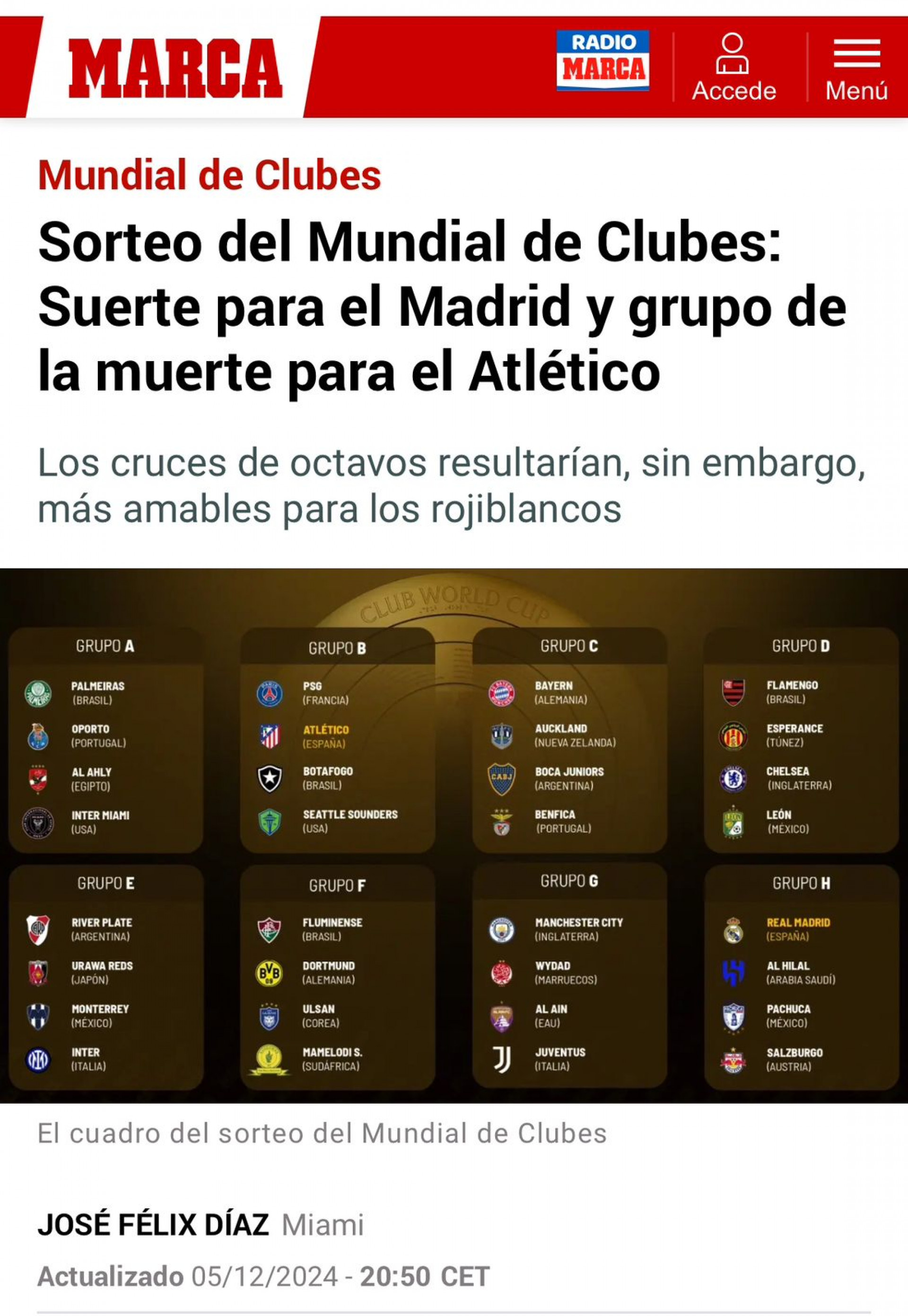 Jornal Marca, da Espanha, põe o Atlético de Madrid no grupo da morte - Reprodução/Marca