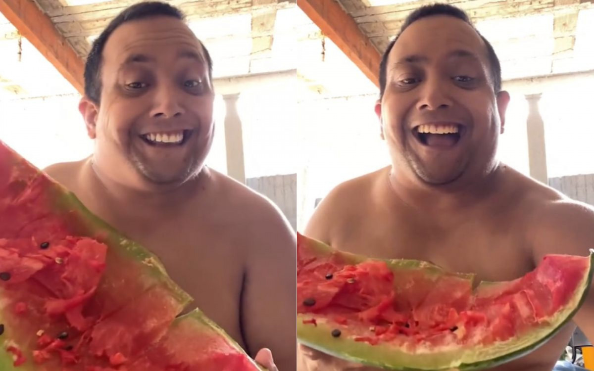 5 - \'Vou Nada\': o influenciador Tatá virou meme nas redes ao gravar um vídeo com um pedaço de melancia, já comido, e responder com deboche a uma mulher, que dizia para ele jogar aquilo fora: \