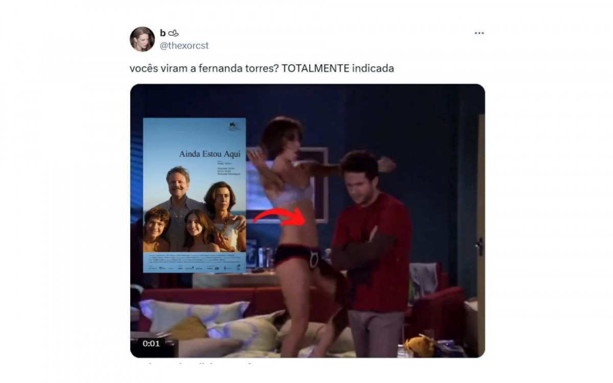 15 - \'Fernanda Torres totalmente indicada\': já no fim do ano, com as diversas indicações do filme \'Ainda Estou Aqui\', e a expectativa de concorrer ao Oscar, internautas recriaram o meme que surgiu após uma participação polêmica da atriz no \'Altas Horas\', da TV Globo, em 2004, onde surgiram comentários do tipo: \