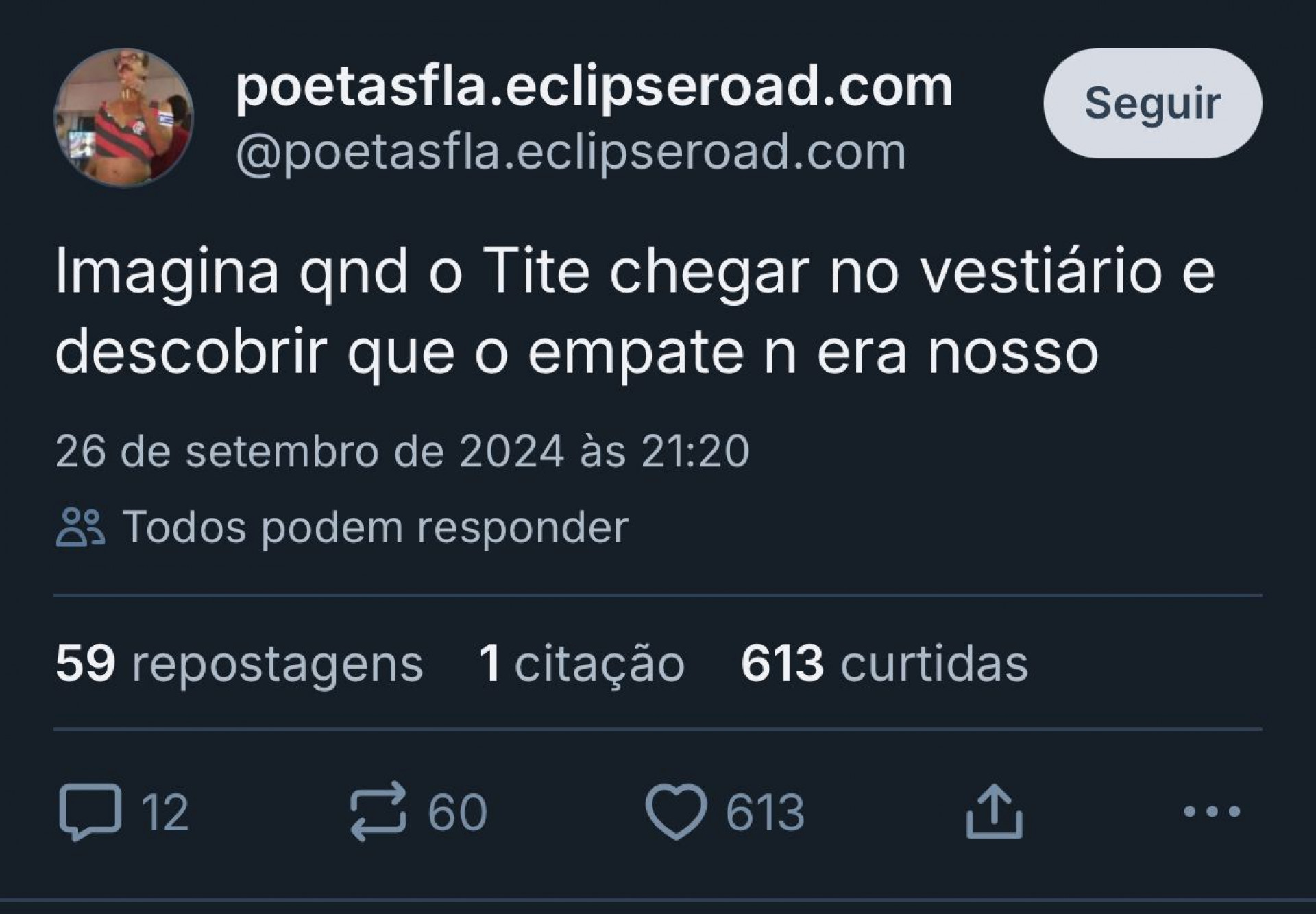 Torcedor ironiza Tite após o empate sem gols com o Peñarol, que eliminou o Flamengo da Libertadores - Reprodução/bluesky
