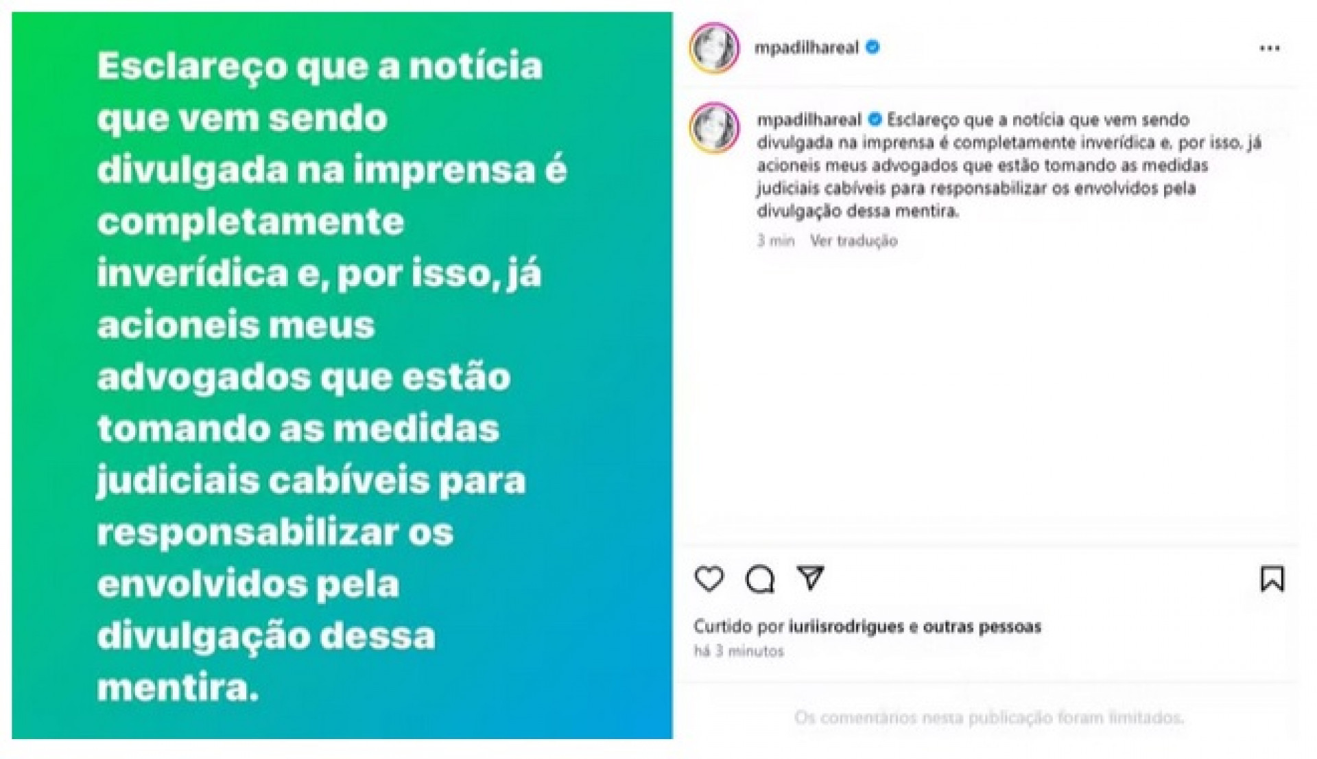 Post de Maria Padilha se defendendo das acusação de trabalho escravo feito por uma ex-funcionária  - Foto: Reprodução/ Instagram