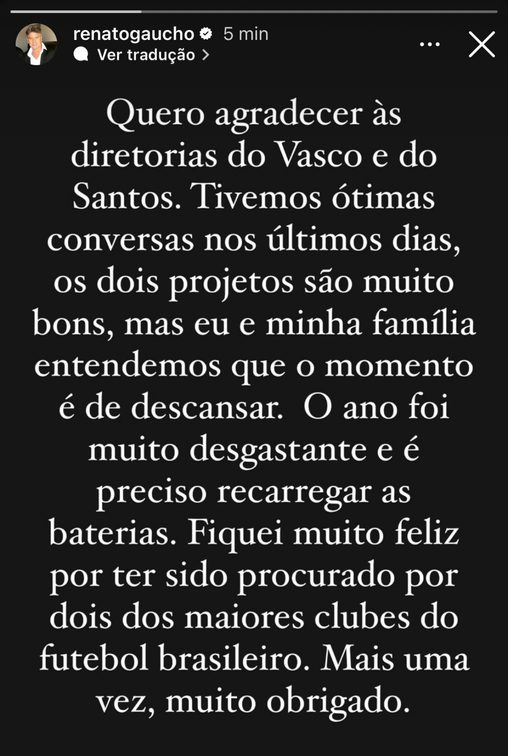 Renato Gaúcho declarou que quer 'recarregar as baterias'  - Reprodução / Instagram @renatogaucho