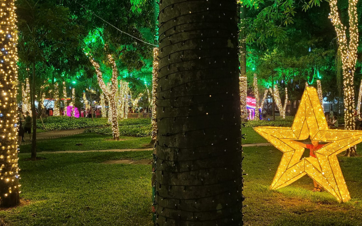 Esculturas de LED e iluminação em árvores decoram às noites do Campo de São Bento, no Icaraí, em Niterói