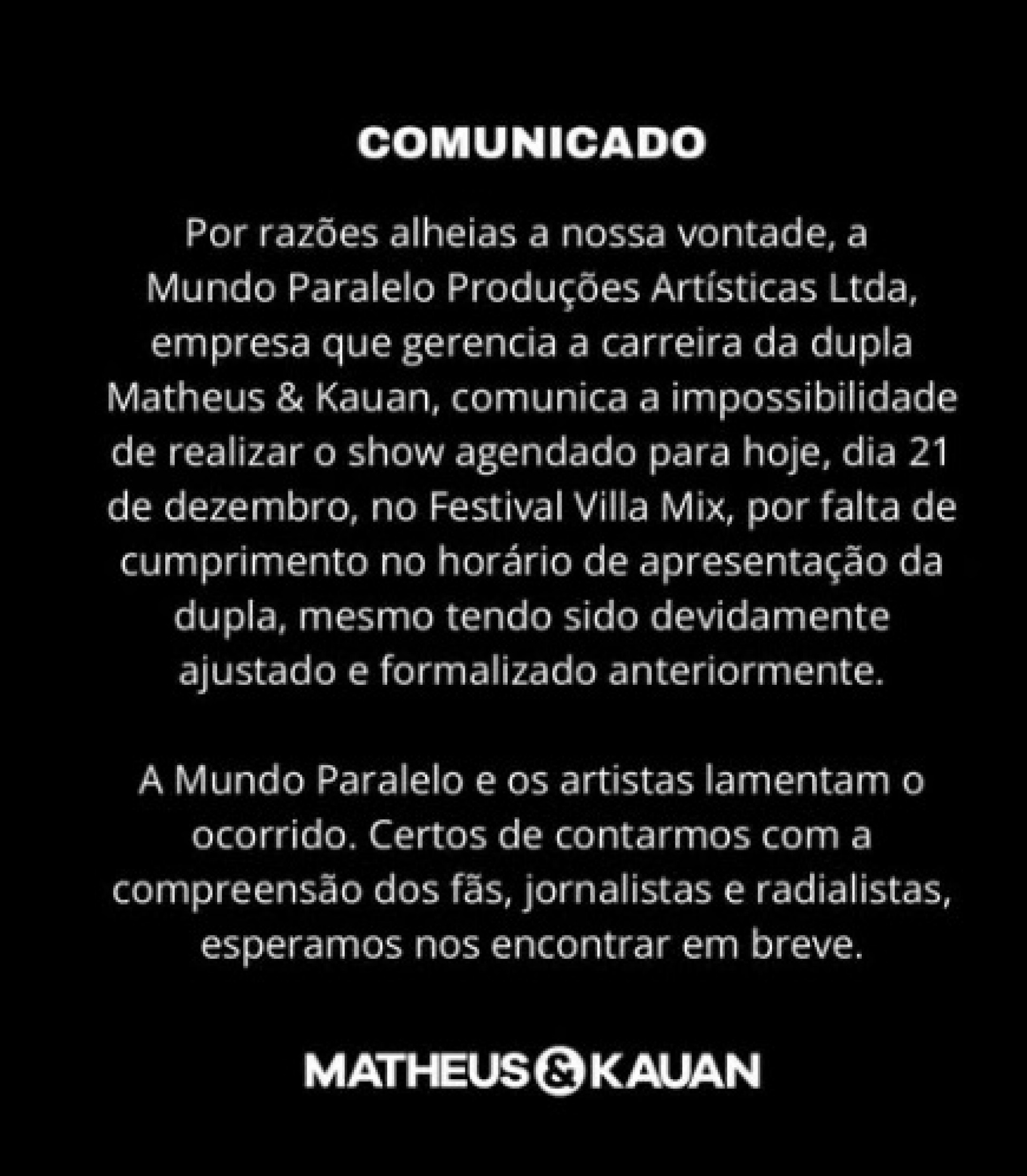 Comunicado da equipe da dupla Matheus e Kauan  - Reprodução/Instagram